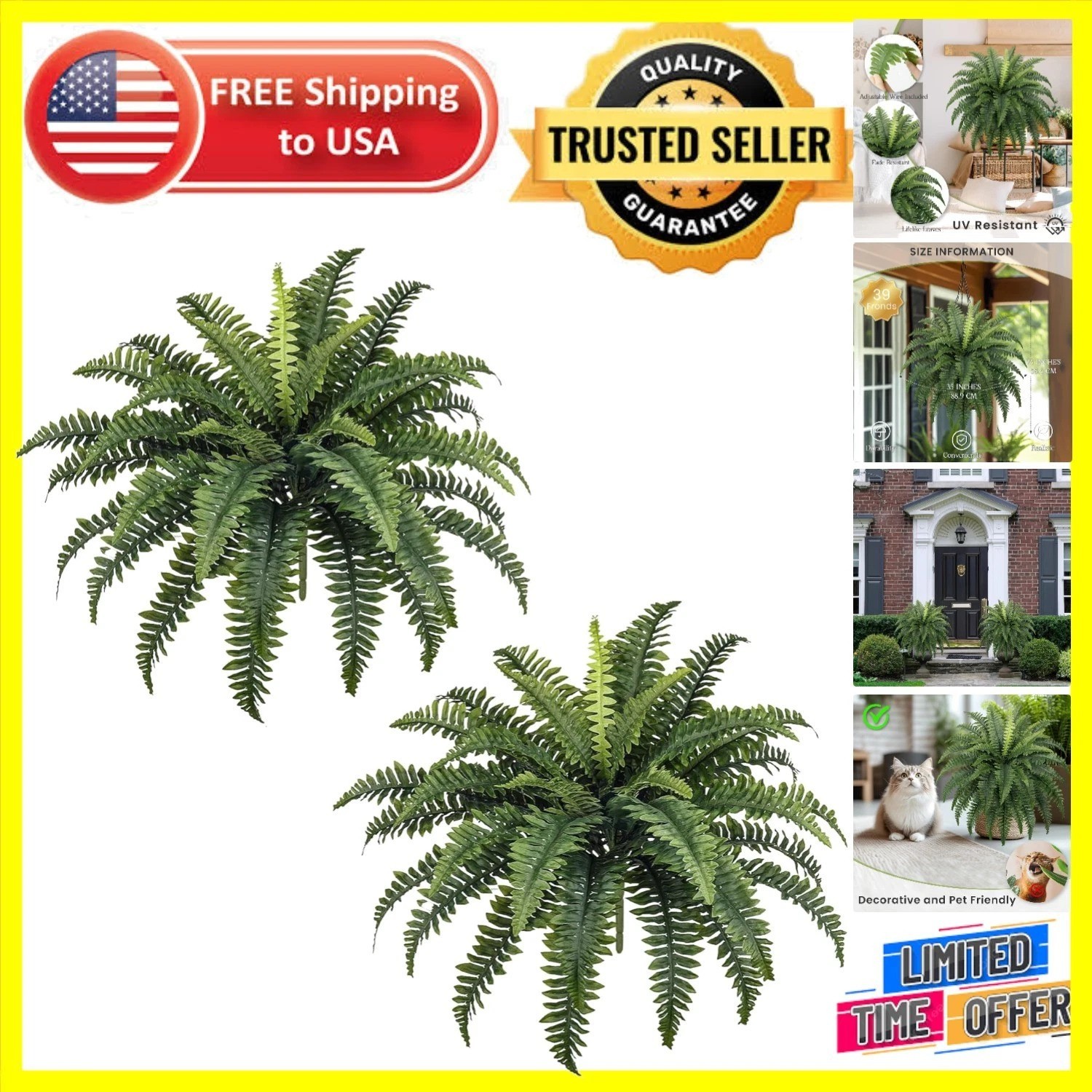 Lifelike 35″ Faux Boston Ferns – 39 Fronds Each for Indoor/Outdoor Style