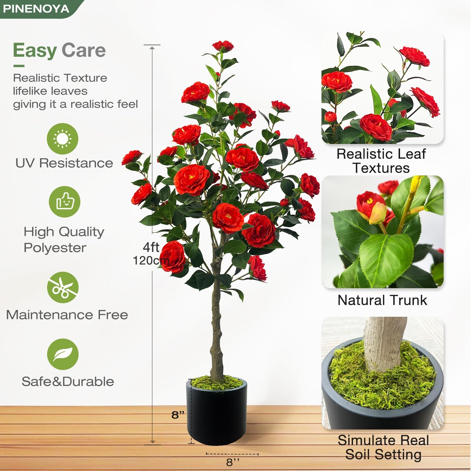 48” Artificial Camellia Tree with Red Flower in Pots -2 Pack 4FT Faux Camell…