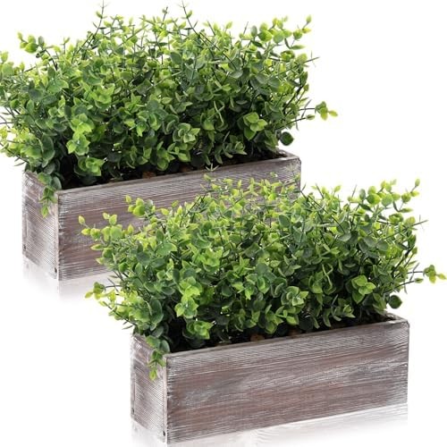 2 Pack Artificial Eucalyptus Plant in Rustic Rectangular Wooden Planter Box Gree