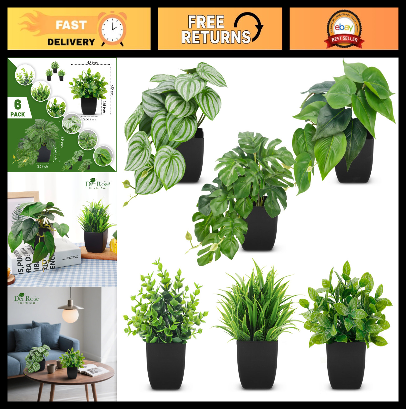 6 Pack Small Artificial Plants in Black Pots – Home Office Bathroom Decor, Aesth
