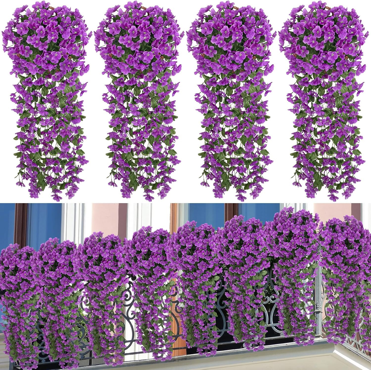4 Pcs Artificial Hanging Flowers Fake Hanging Plants Violet Flowers Vine Garland
