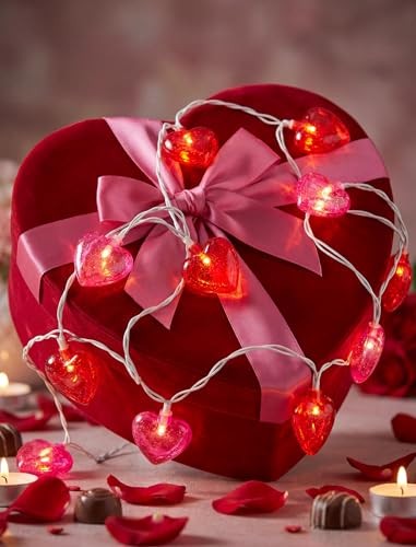 Heart String Lights, 8.5Ft Valentine’s Day Decorations Pink/Red Glitter Heart