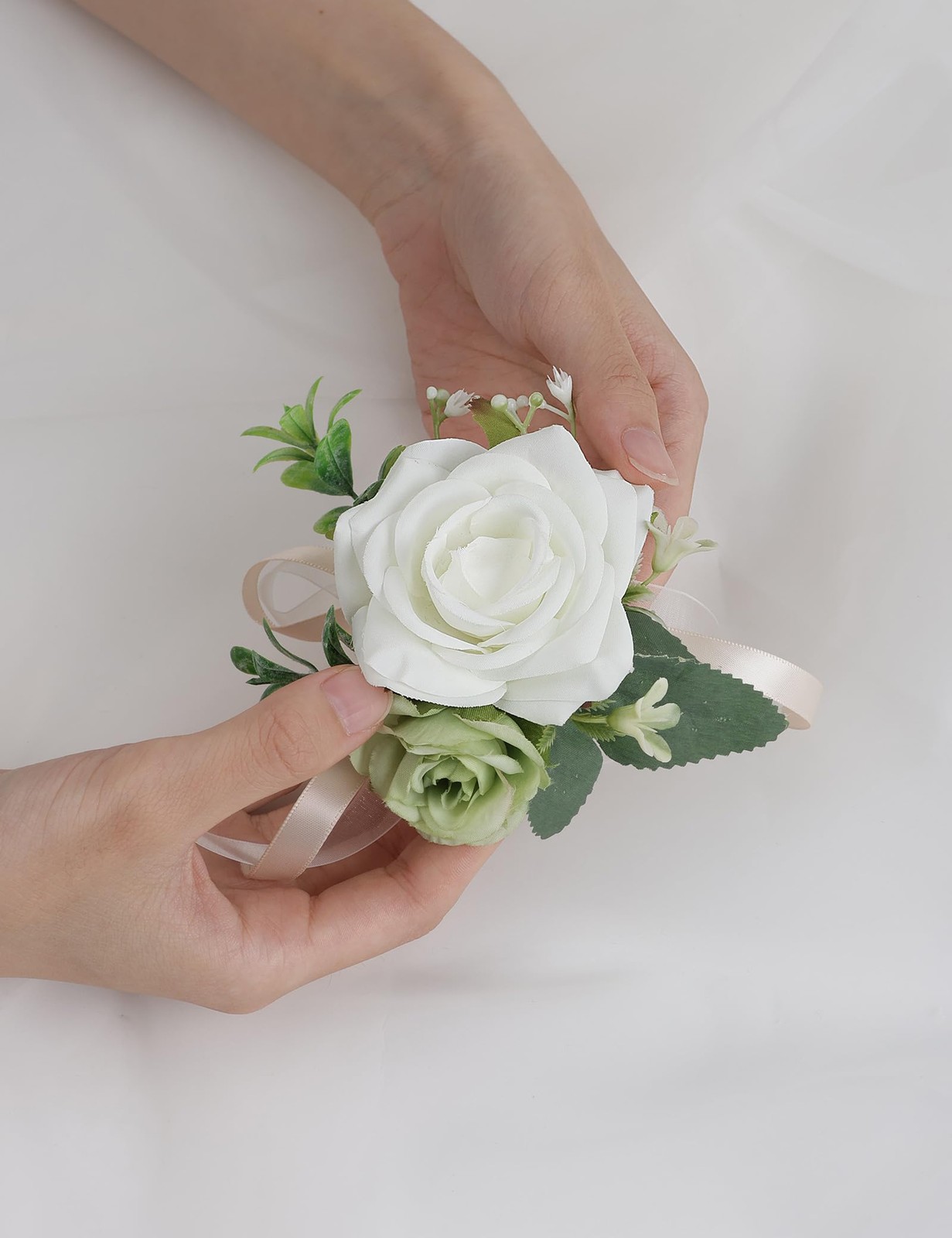 2 PCS Wrist Corsage Boutonniere Set Artificial Flower White Light Green