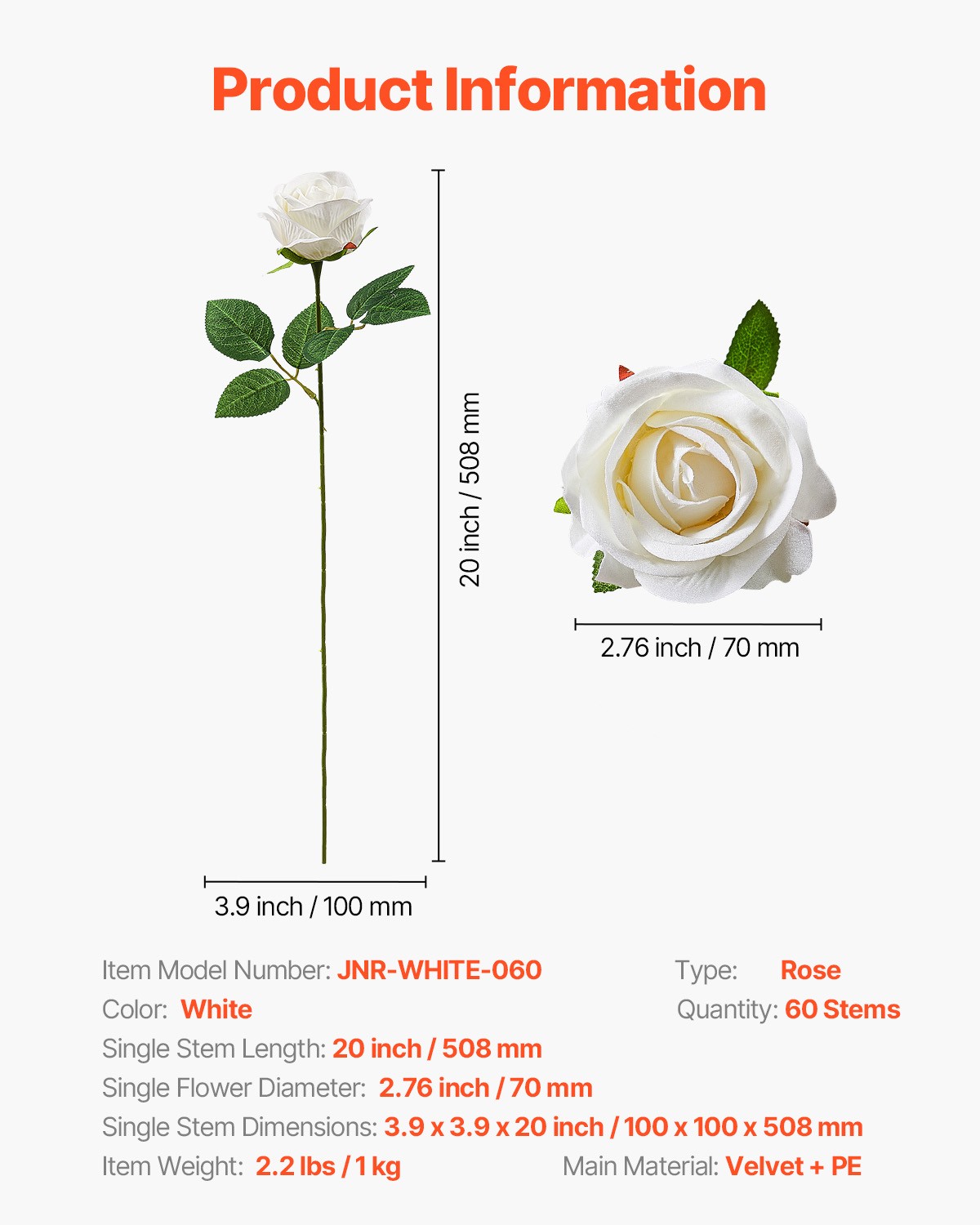VEVOR 60Pcs White Roses Artificial Flowers Realistic Bouquet for Xmas Home Decor