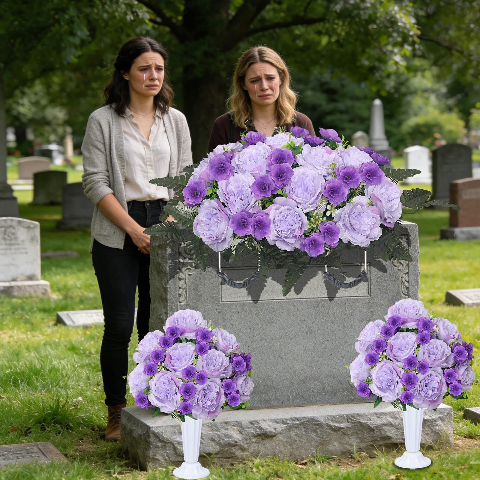 Grave Decorations for Cemetery Headstone Flower Saddle 2PC Artificial Peony F…