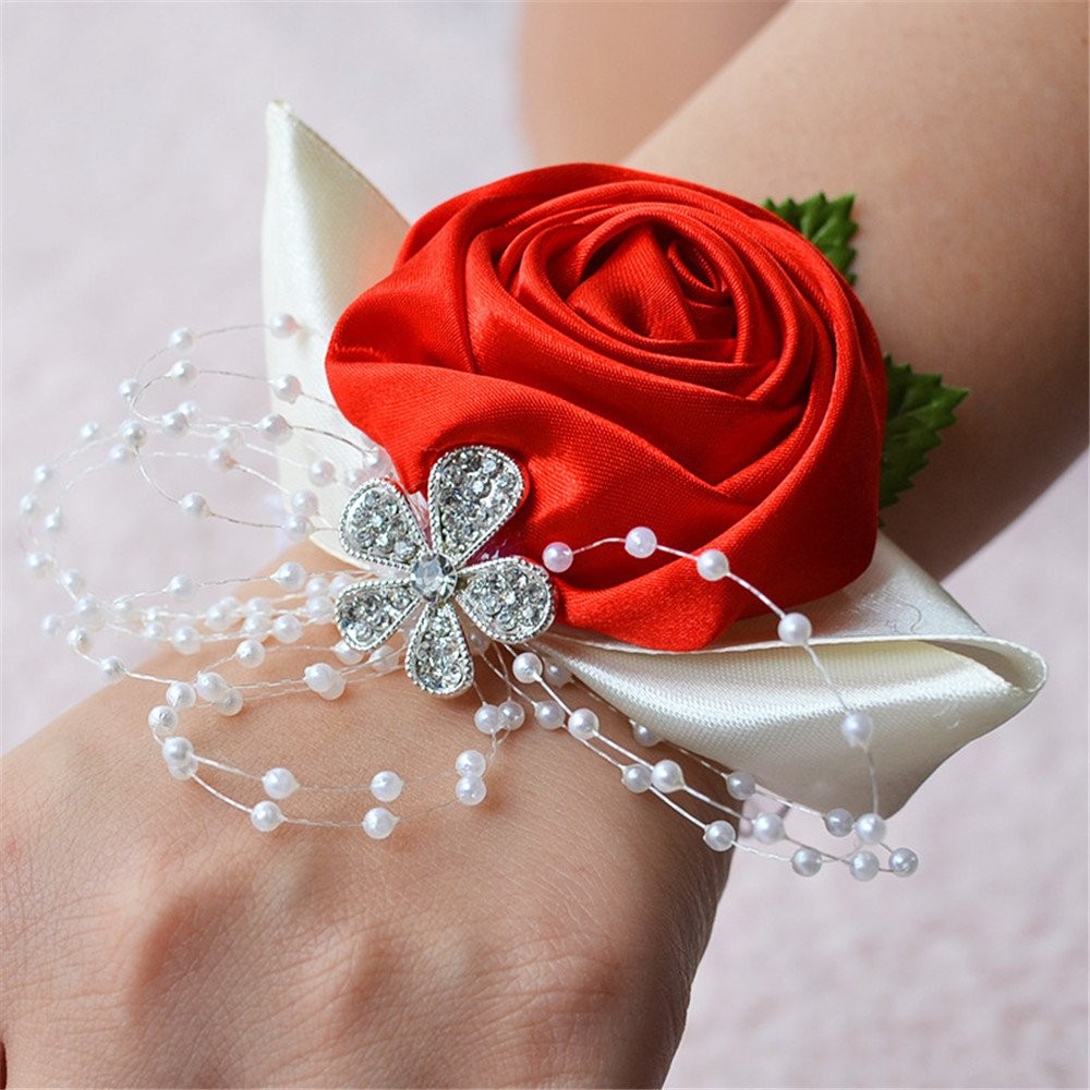 2 PCS Red Wedding Bridal Corsage Bridesmaid Wrist Flower Rose Party Decor