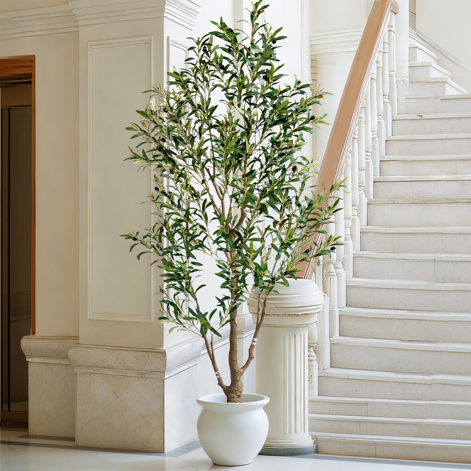 6ft Faux Olive Tree with White Pot & Moss, Artificial Olive Tree Indoor Outdo…