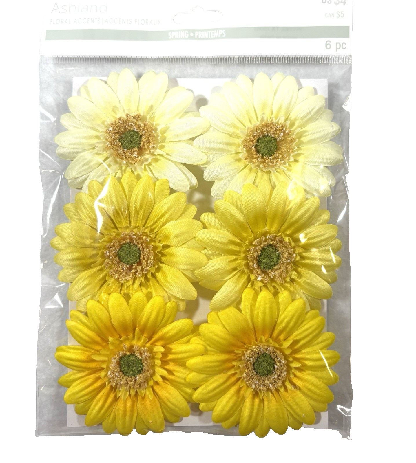 NEW ASHLAND YELLOW DAISY FLORAL ACCENTS WIRED 3″ PACKAGE OF 6