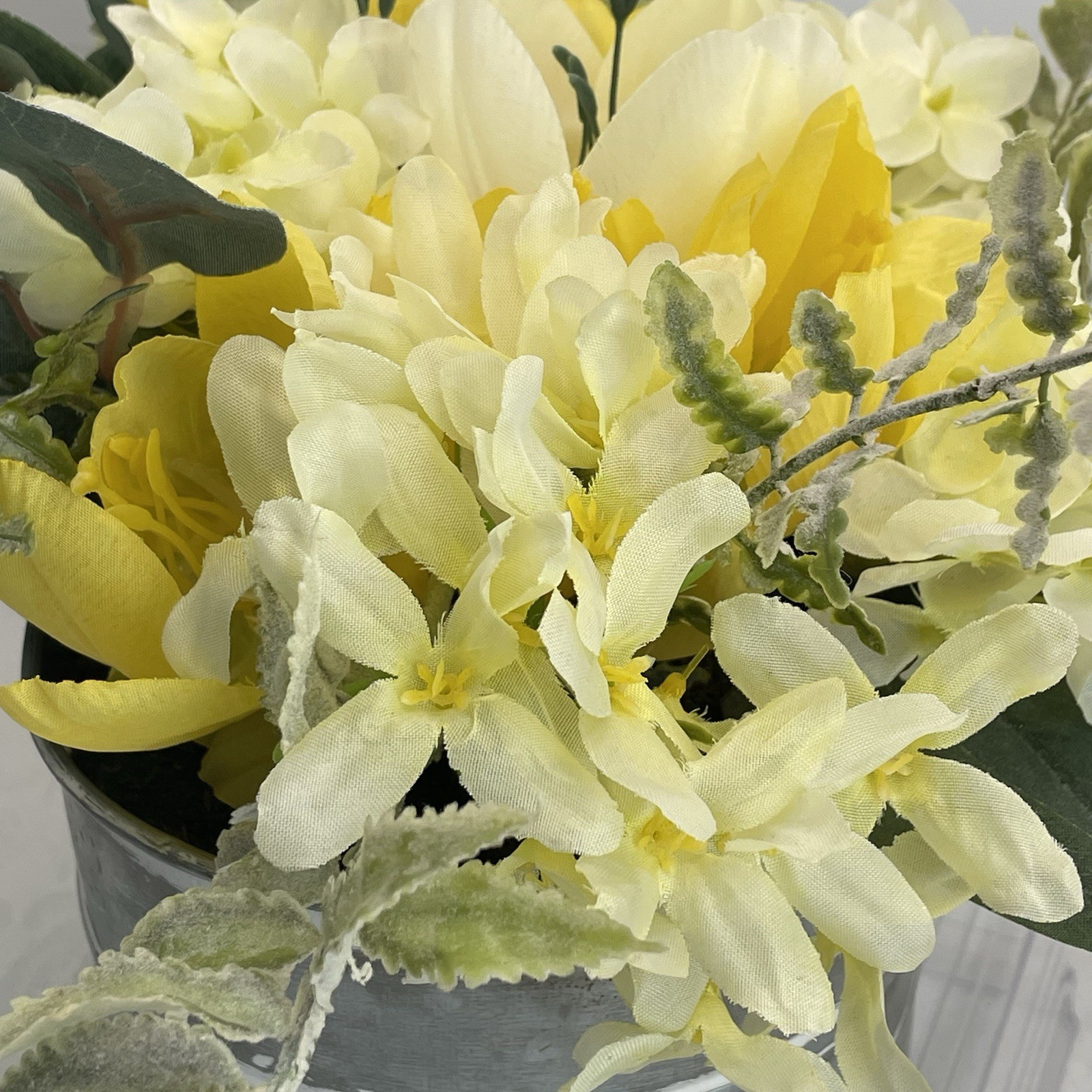 Artificial Floral Basket Arrangement Centerpiece Yellow Flowers in Metal Planter