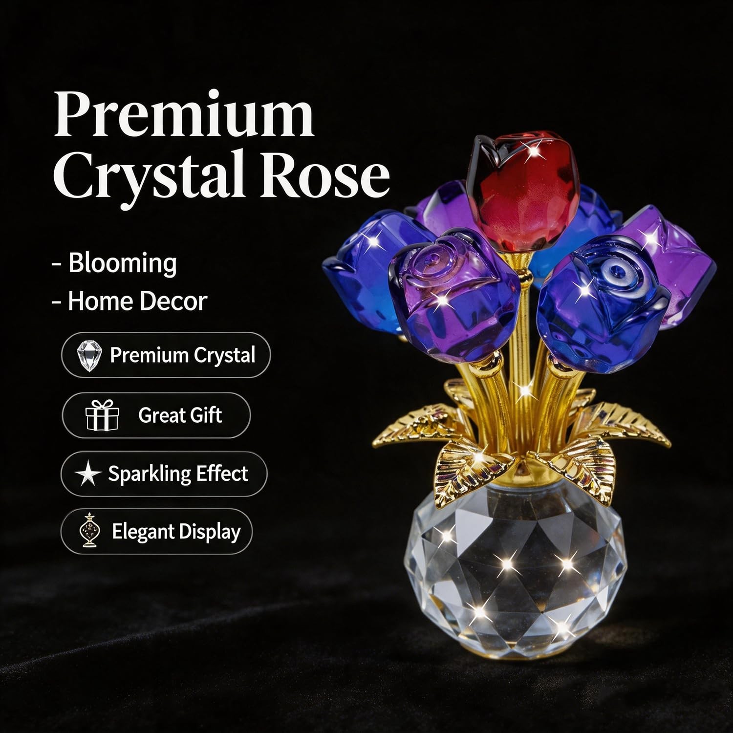 Crystal Rose Flower Figurine with Round Vase,Crystal Flowers, Glass Flowers w…