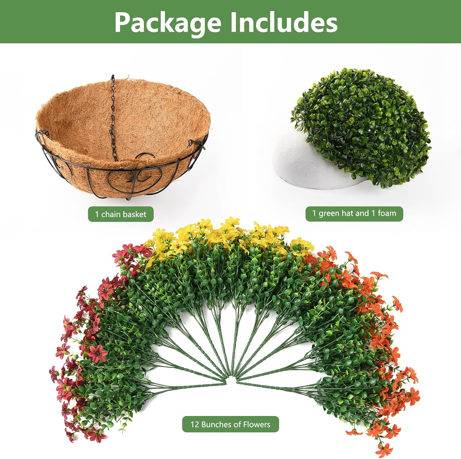 12 Pcs Faux Fall Flowers in Hanging Basket | UV Resistant Silk Daisy Decor