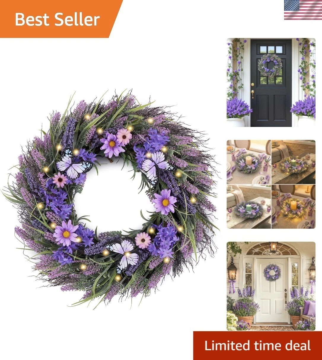 Spring Summer 24” Wreath with Warm LED Lights & Realistic Butterfly Accents