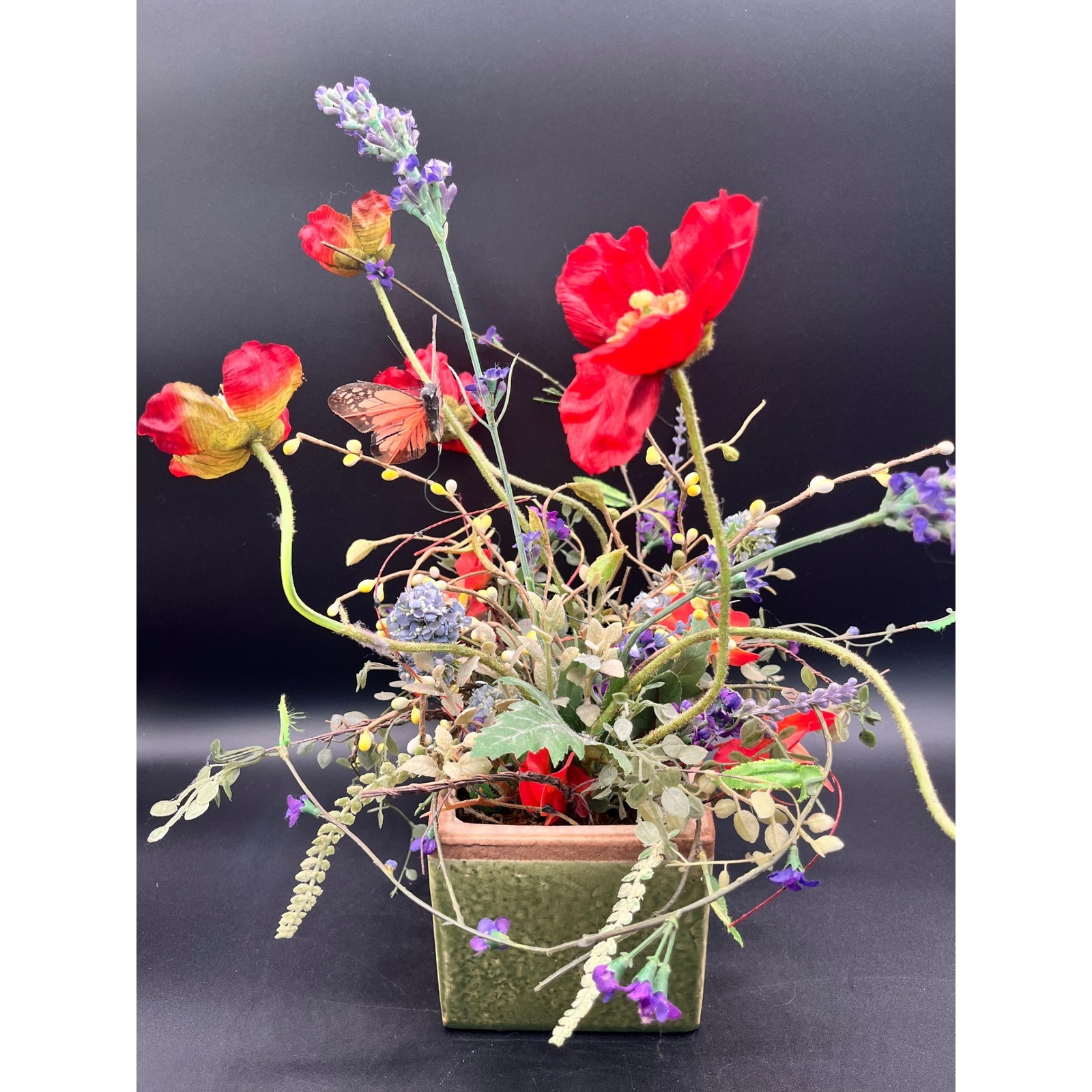 Flower Arrangement Greenery Poppies Lavender Butterfly Rustic Green Ceramic Pot