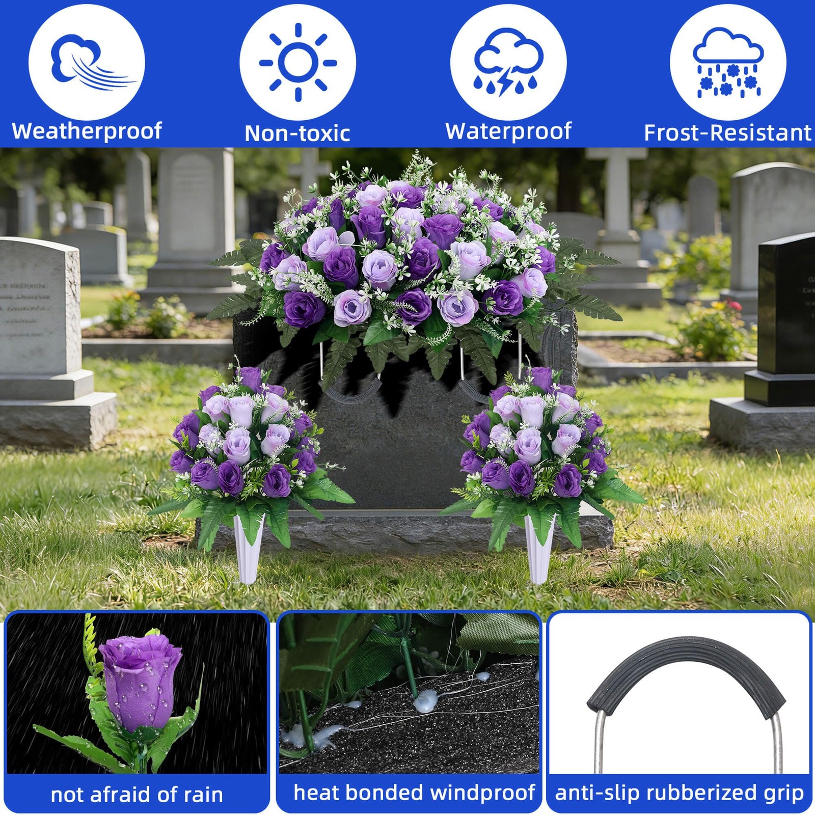 3 Sets Cemetery Flowers for Grave,Headstone Flower Saddle,Grave Memorial Flow