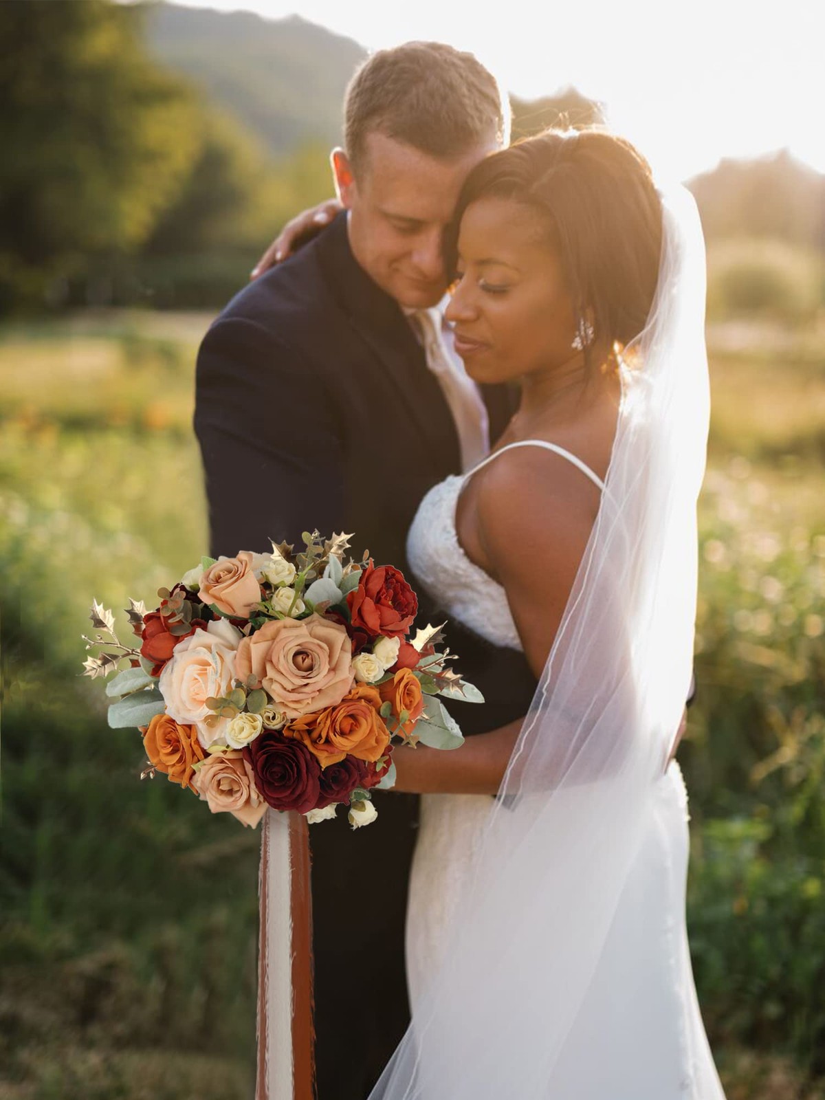 Rinlong 9″ Wide Burnt Orange Wedding Bouquet for Bride, Rustic Terracotta Art…