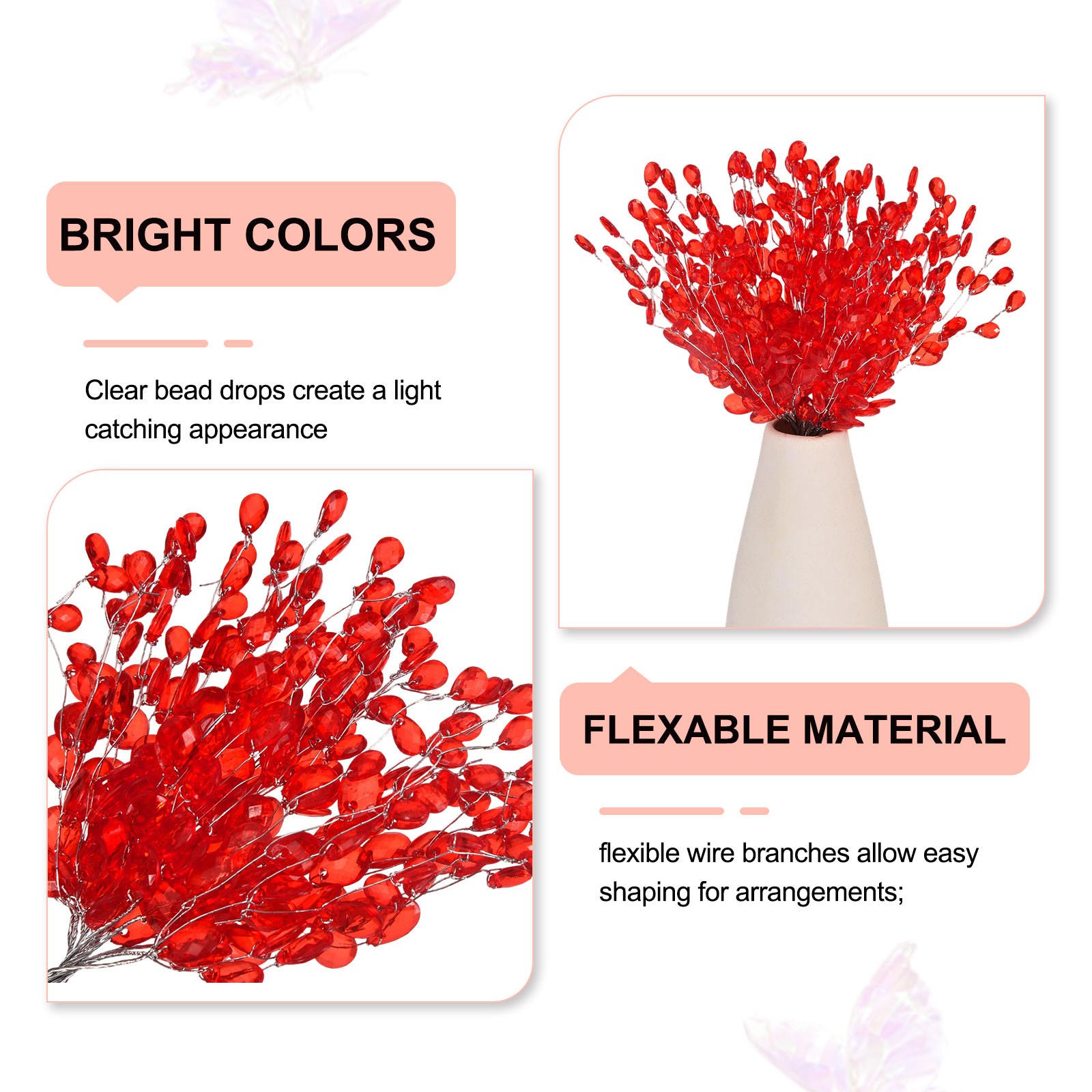 50 Pcs Acrylic Crystal Flower, Floral Picks Acrylic Bead Drops, Red