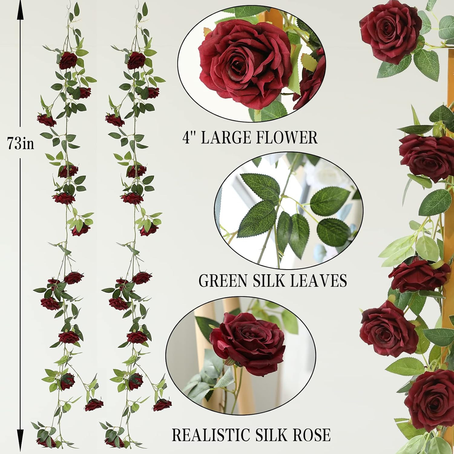 Burgundy Silk Rose Garland – 73” Floral Vines for Home & Wedding Decor