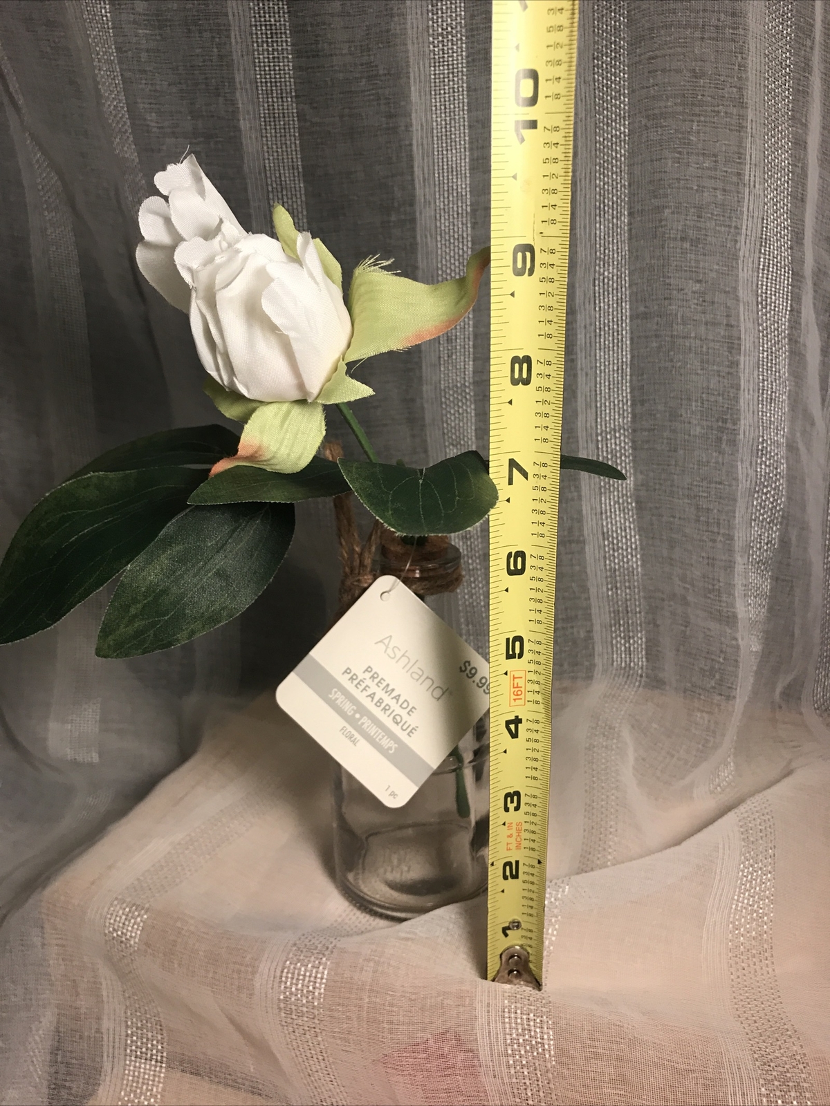 Artificial White Rose Flower Stem In Clear Glass Vase Floral Decor NWT Tabletop
