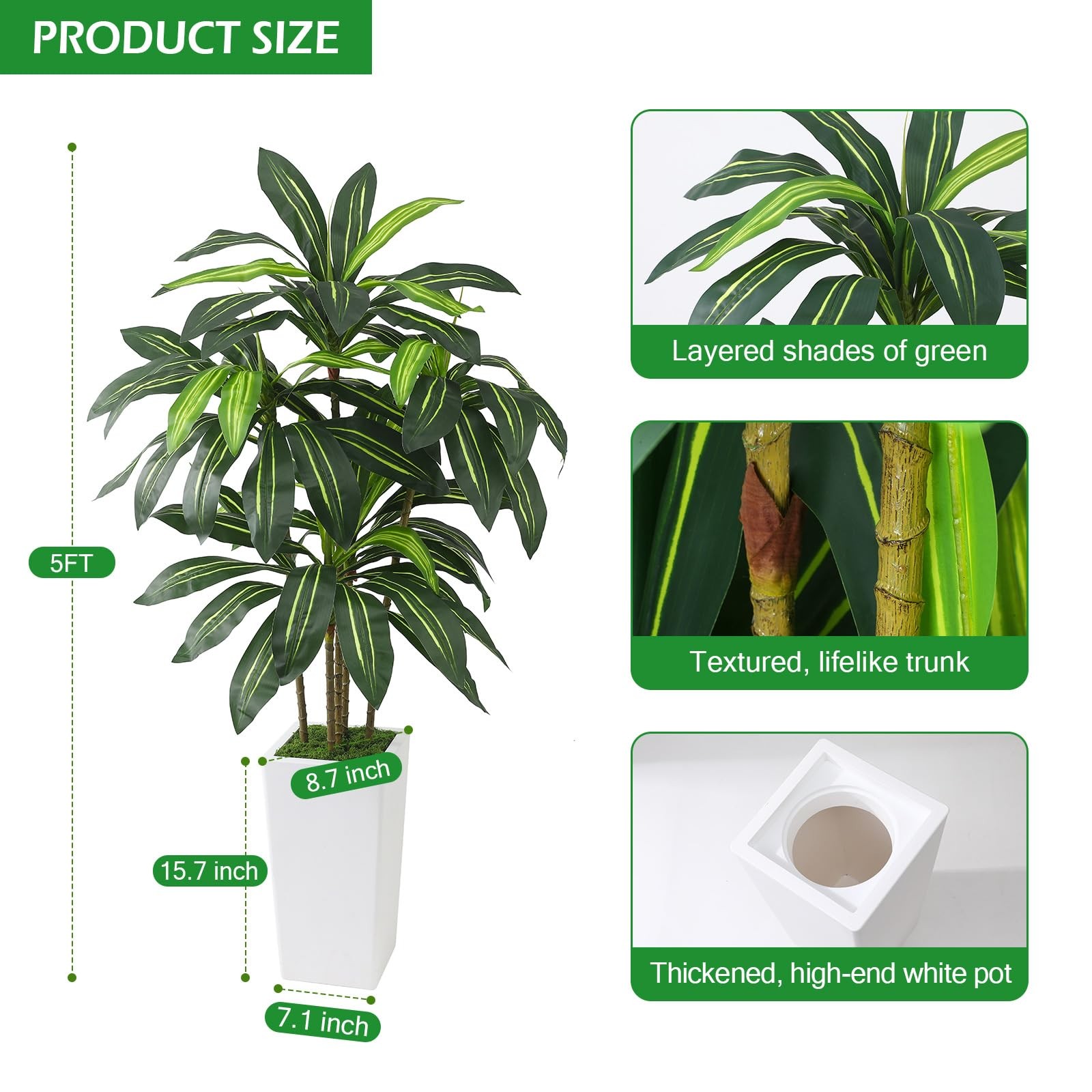 5FT Artificial Dracaena Tree with Thickened Improved Planter, Fake Plants wit…