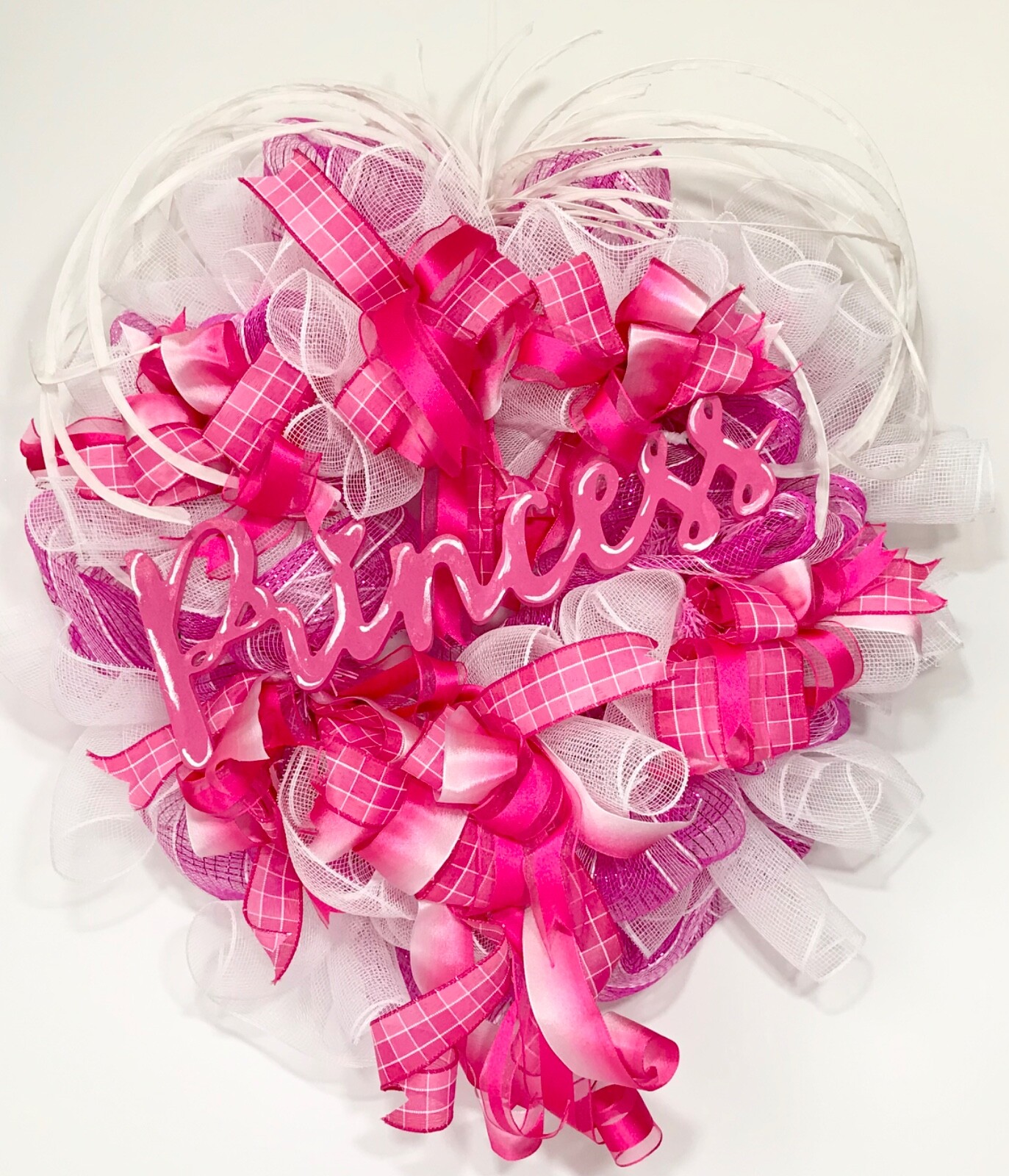 LARGE BRIGHT PINK WHITE DECO MESH PRINCESS WOOD SIGN DOOR WREATH GIRL ROOM NEW
