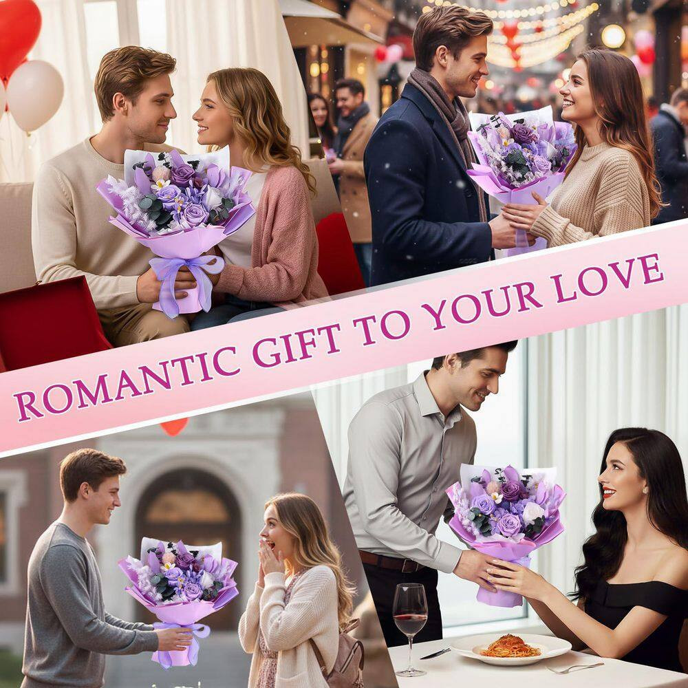 12.59 In. Purple Artificial Preserved Rose Bouquet-Includes Gift Box and Greetin