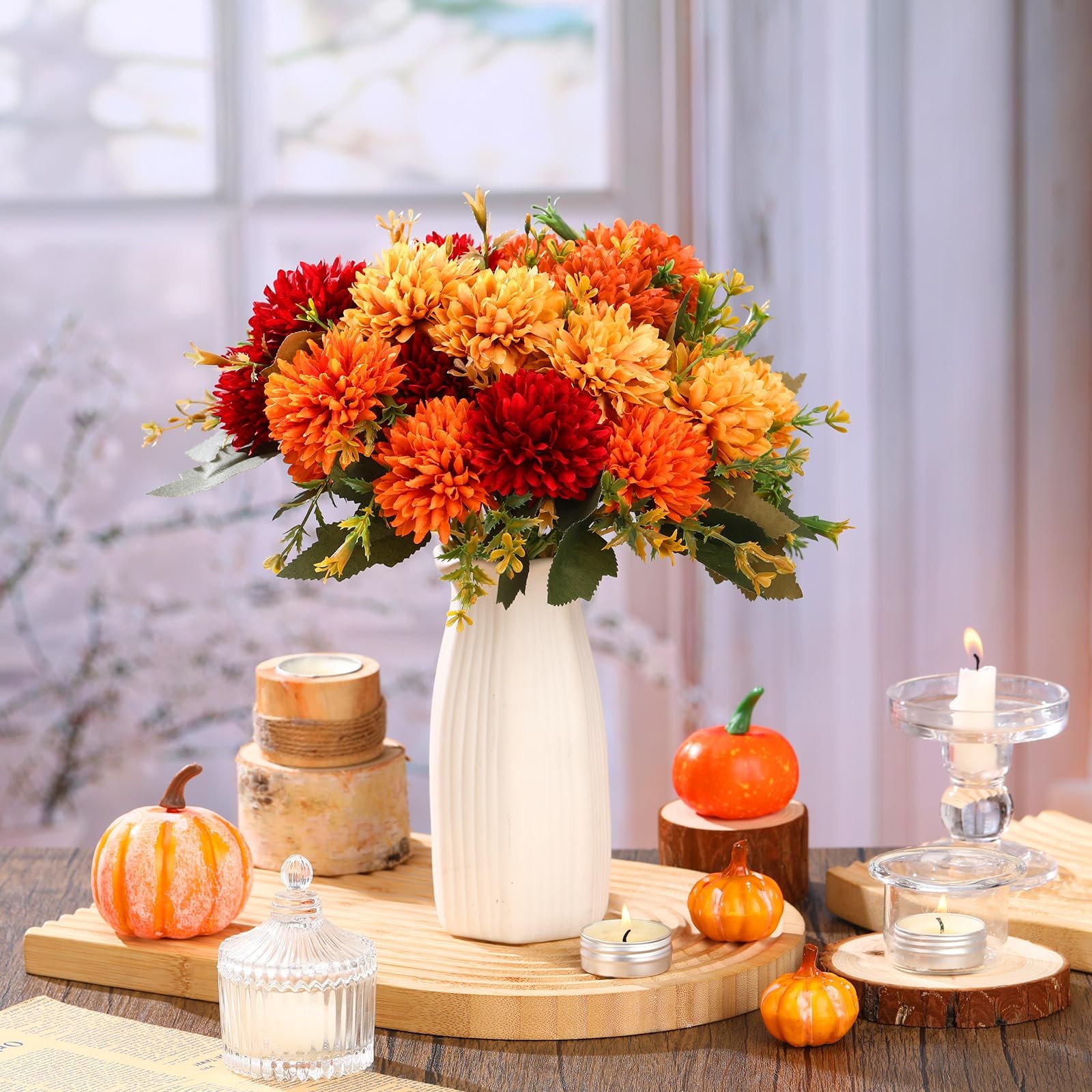 Faux Autumn Flowers, 12 Pcs Fake Mums, Vase Arrangement, Orange