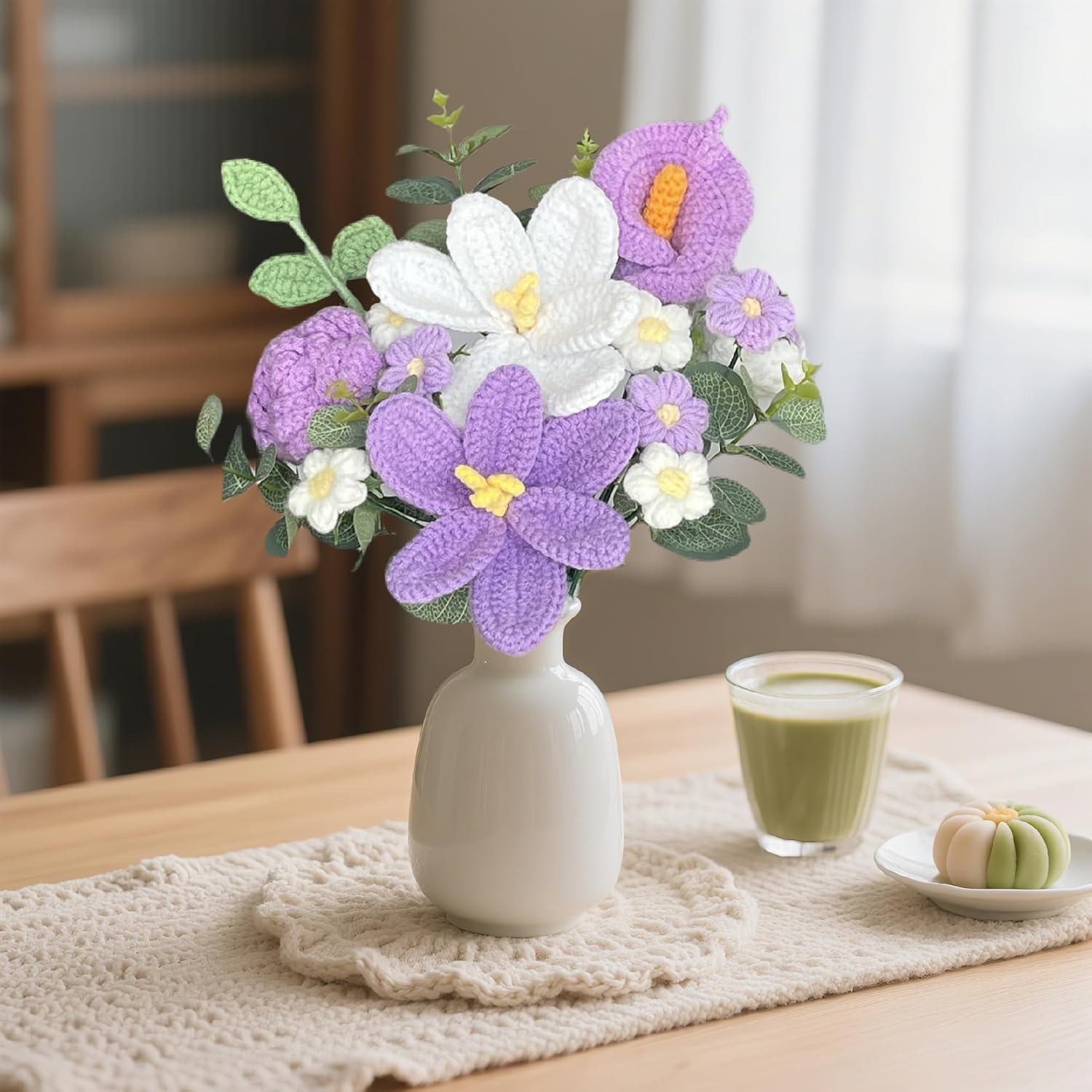 Crochet Flower Bouquet, Purple Handmade Knitted Flower, Crochet Rose Tulips C…