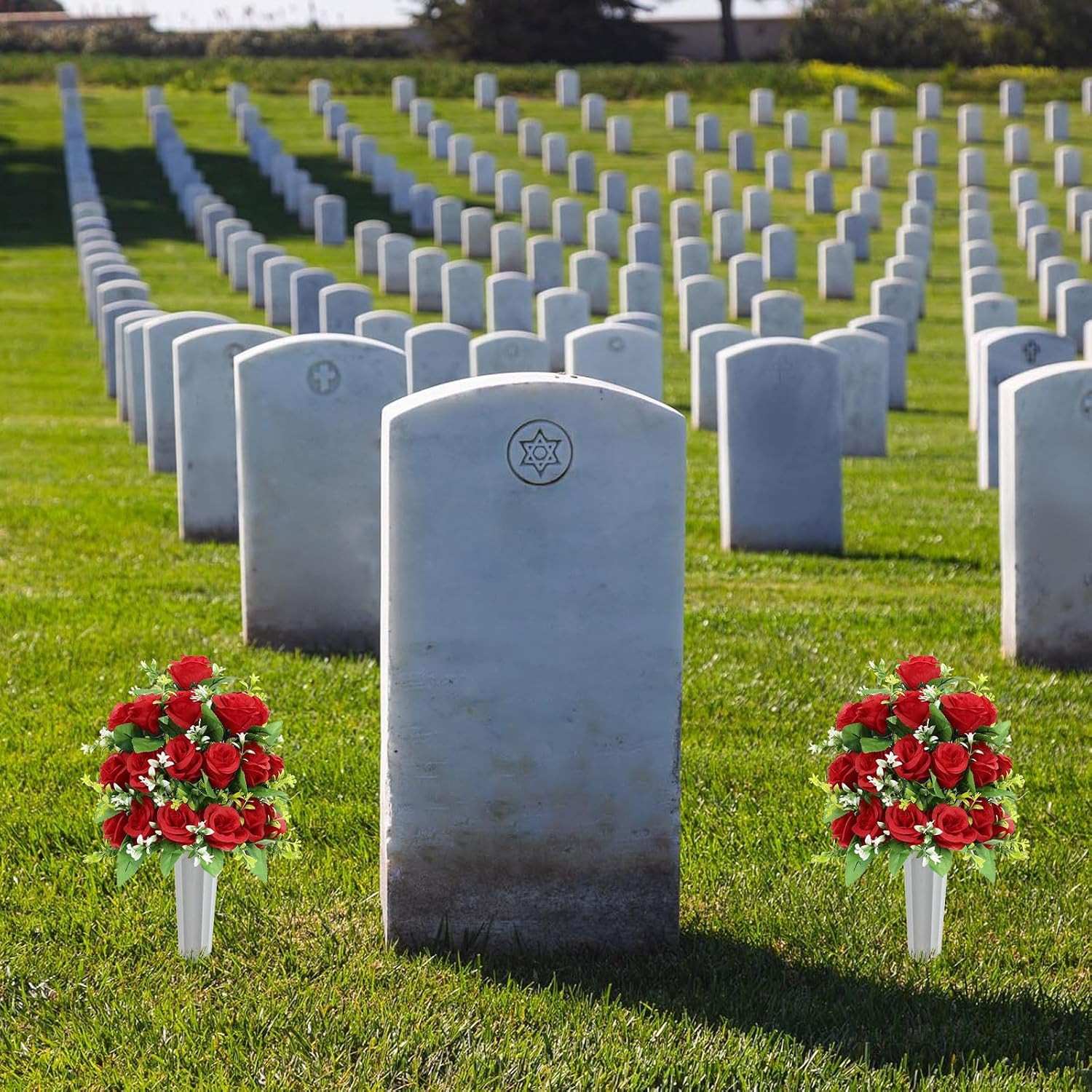 2Pcs Artificial Cemetery Flowers with Vase for Grave, Silk Memorial Day Rose Flo