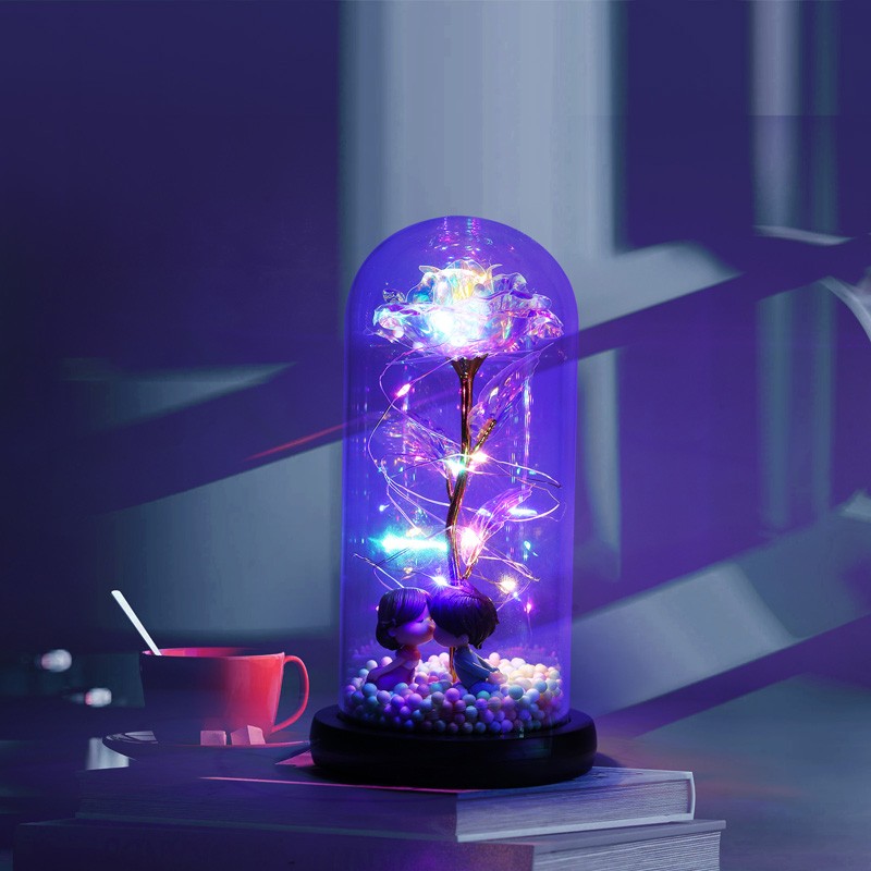 Rose Flower In Crystal Glass Dome RGB LED Light Up Rose Lamp Gift for Girlfriend