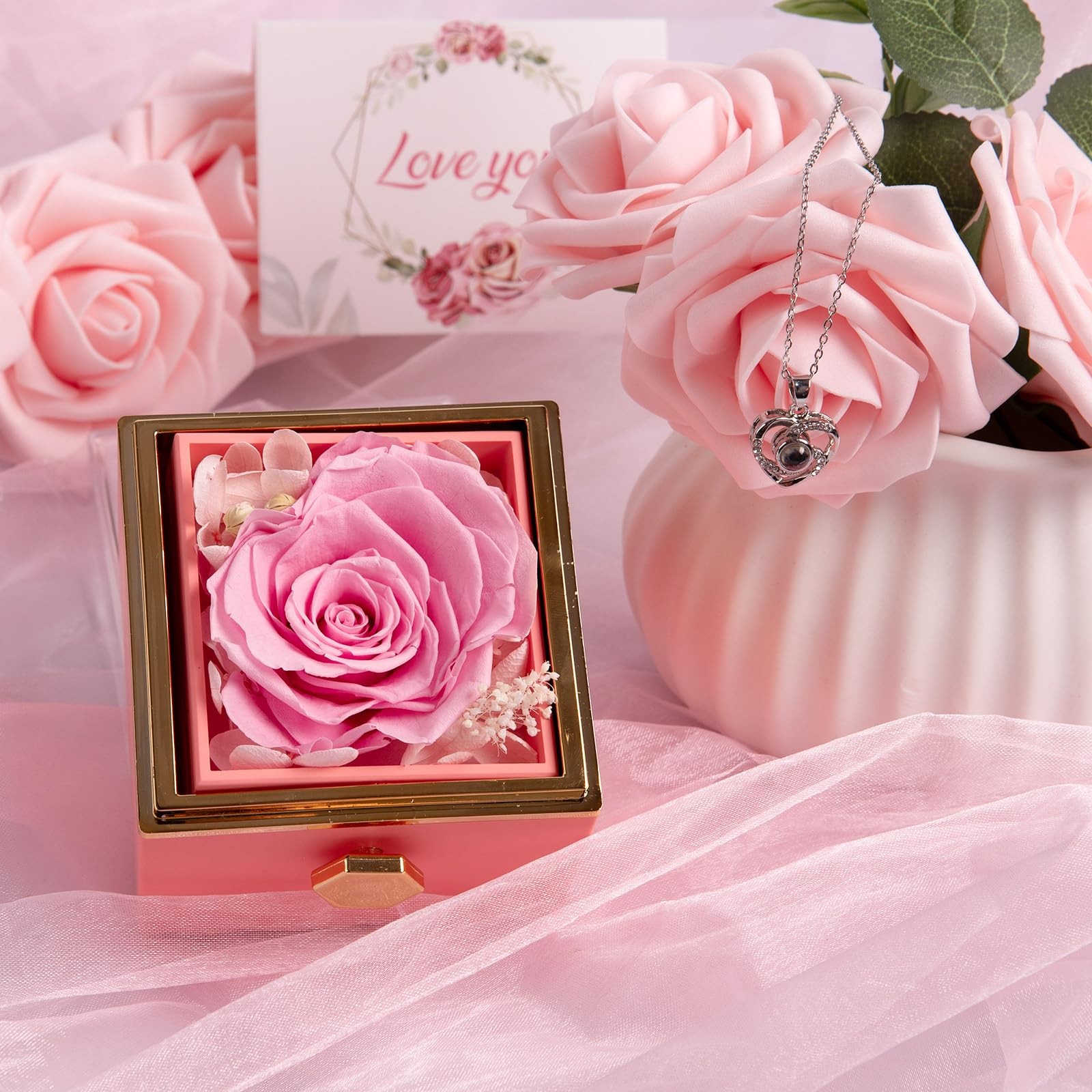 Preserved Real Pink Forever Rose Rotating Box with I Love You Necklace 100 La…