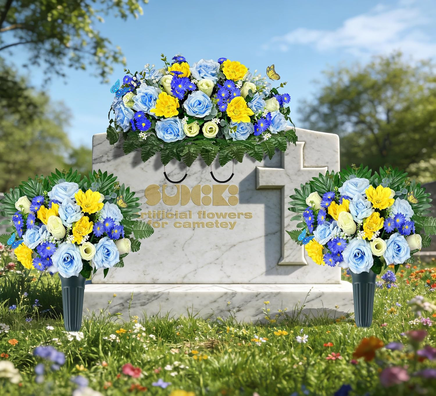 Elegant Silk Cemetery Flowers with Vases – Butterflies Included for Grave Decor