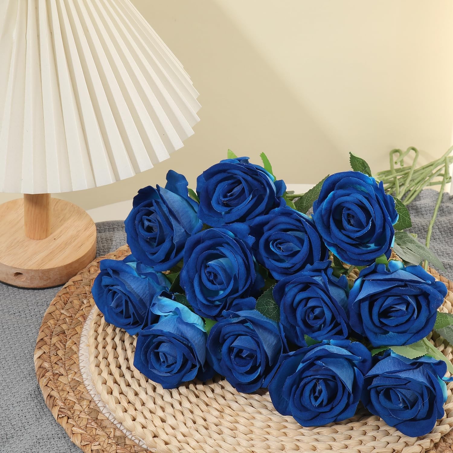 12 PCS Blue Roses Artificial Flowers Fake Faux Velvet Silk Pearl Rose Decor