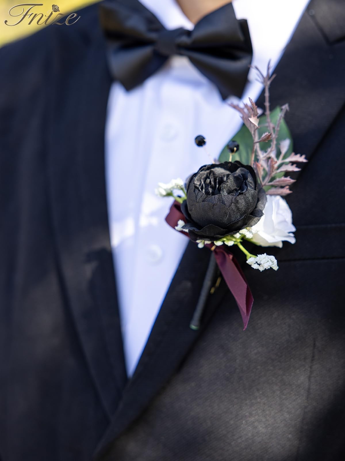 6 PCS Black White Men Boutonniere Artificial Silk Flower Wedding Prom Grooms
