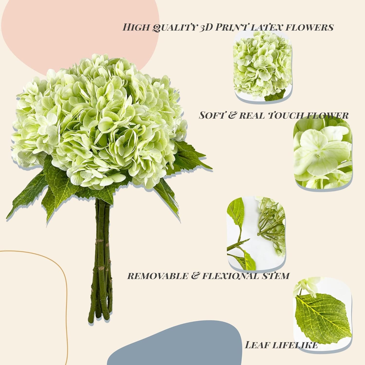 21In Light Green Artificial Hydrangea Flowers 5 Pcs Real Touch 3D Print Latex
