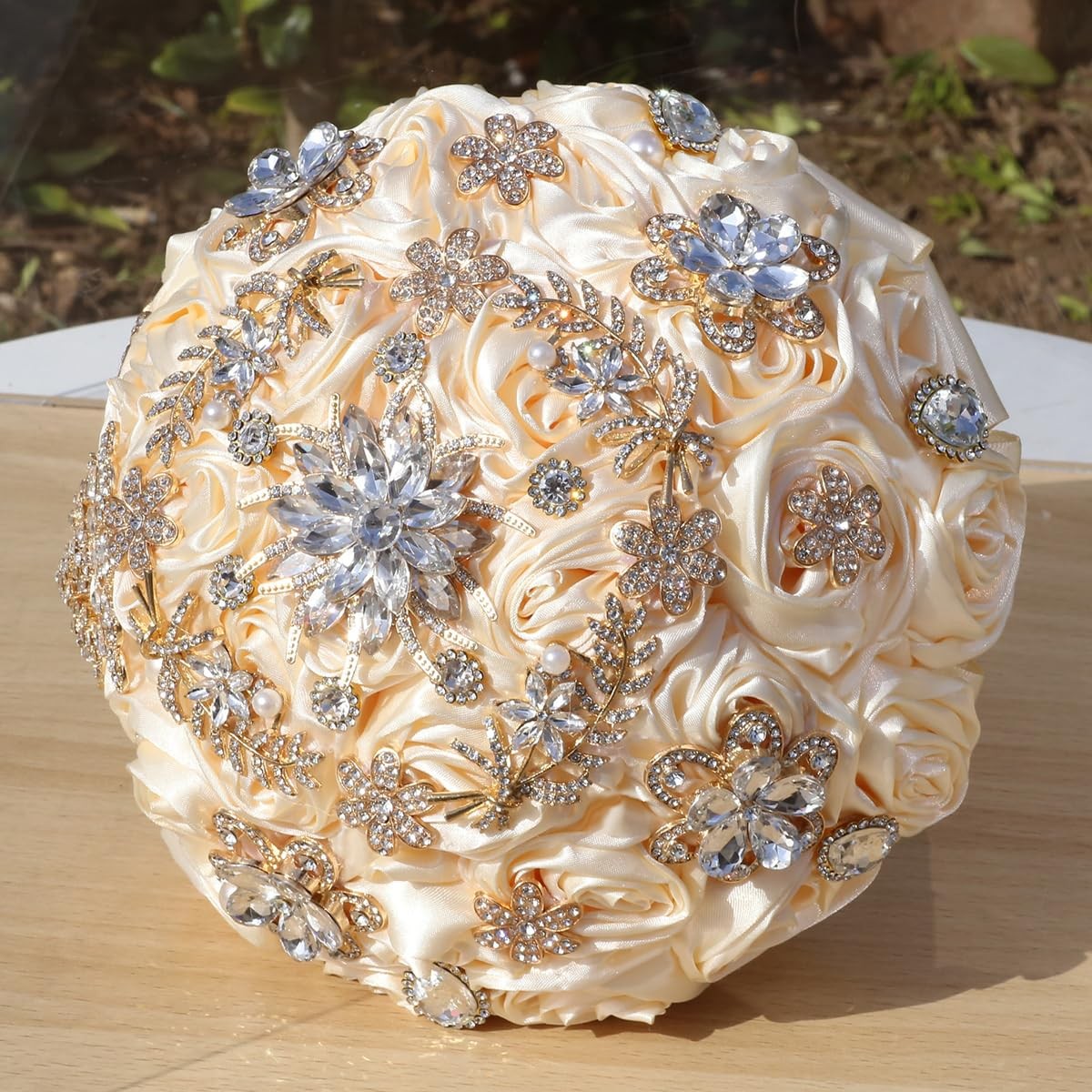 Handmade Satin Rose Floral Bling Pearl Decor Bridal Wedding Bouquet Rhineston…