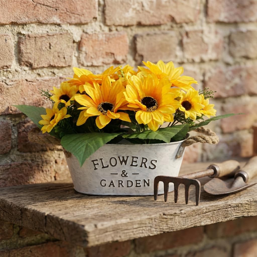 Artificial Flowers in Pot 8″ Tall Faux Silk Sunflowers with Metal Planter, Fa…