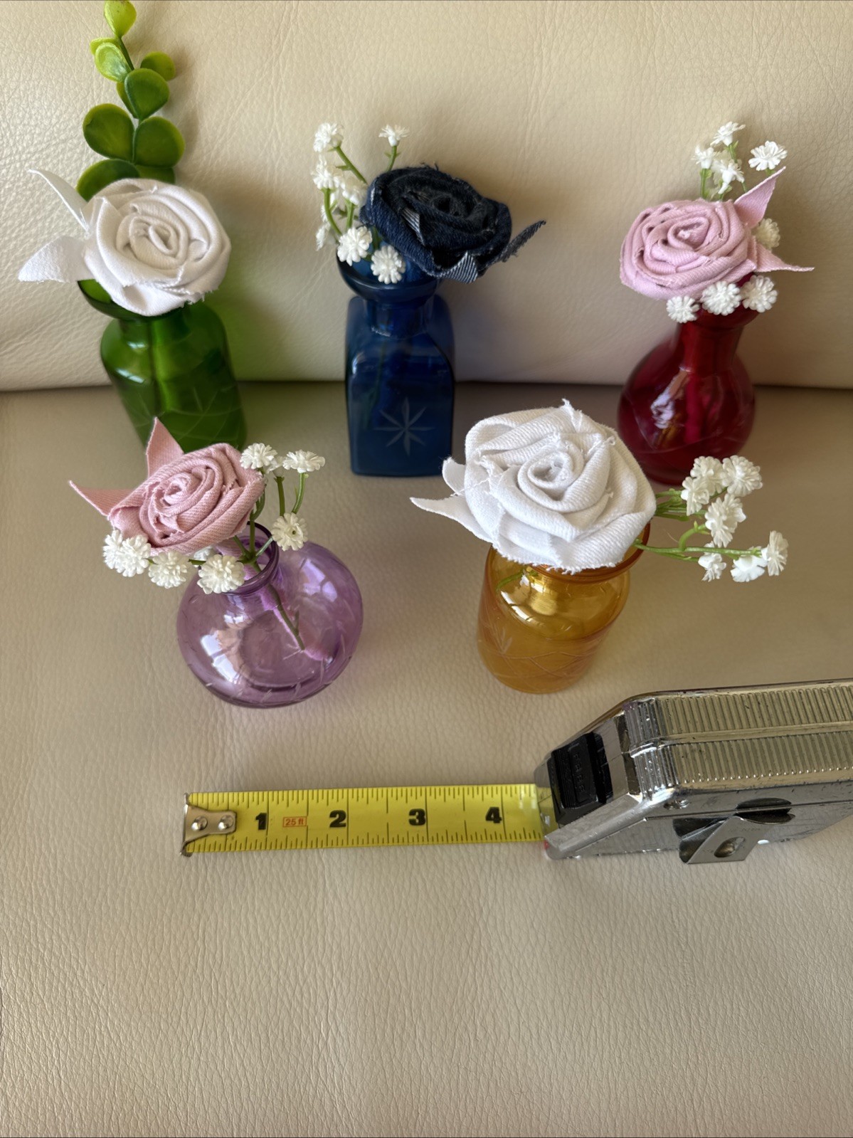 Five Small Upcycled 3 1/2” Vases With Coordinating Colors Handmade Denim Roses