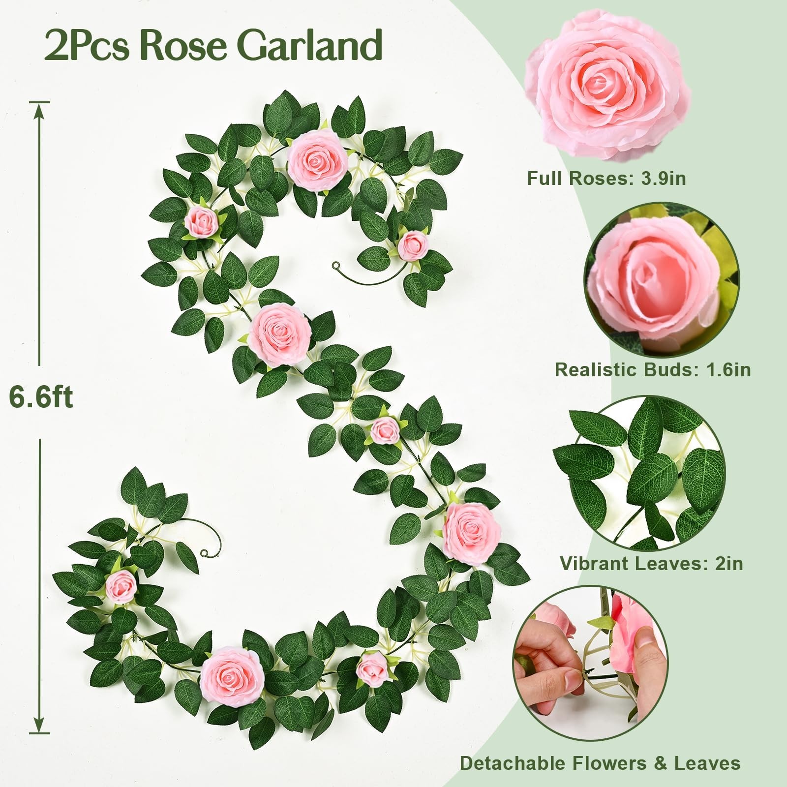 2 Pcs Floral Garland with 19.6 Ft LED Lights, Pink Silk Flowers for Wedding Deco
