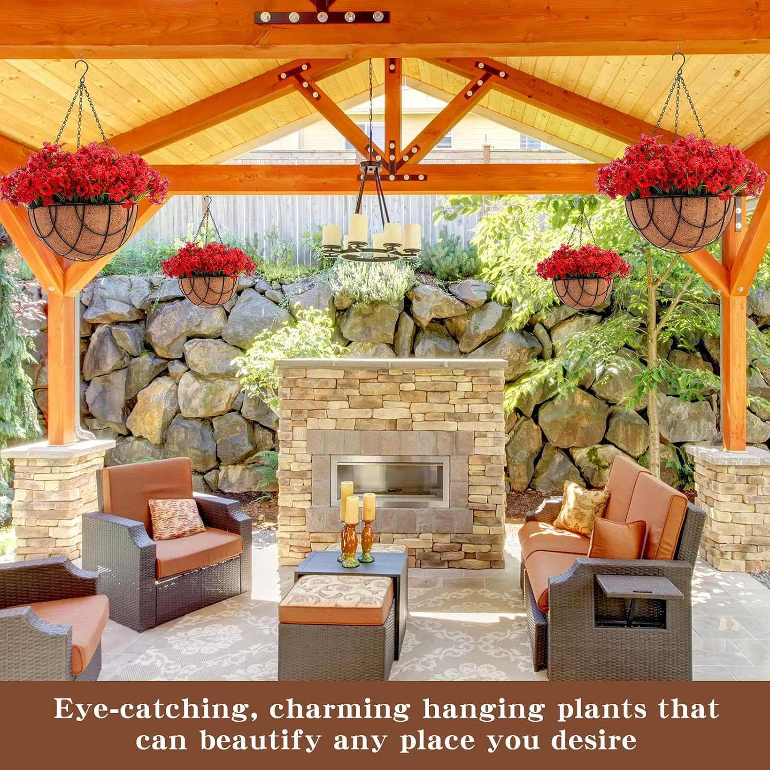 4 Pack Faux Orchid Hanging Flower Baskets for Outdoor Decor – Red