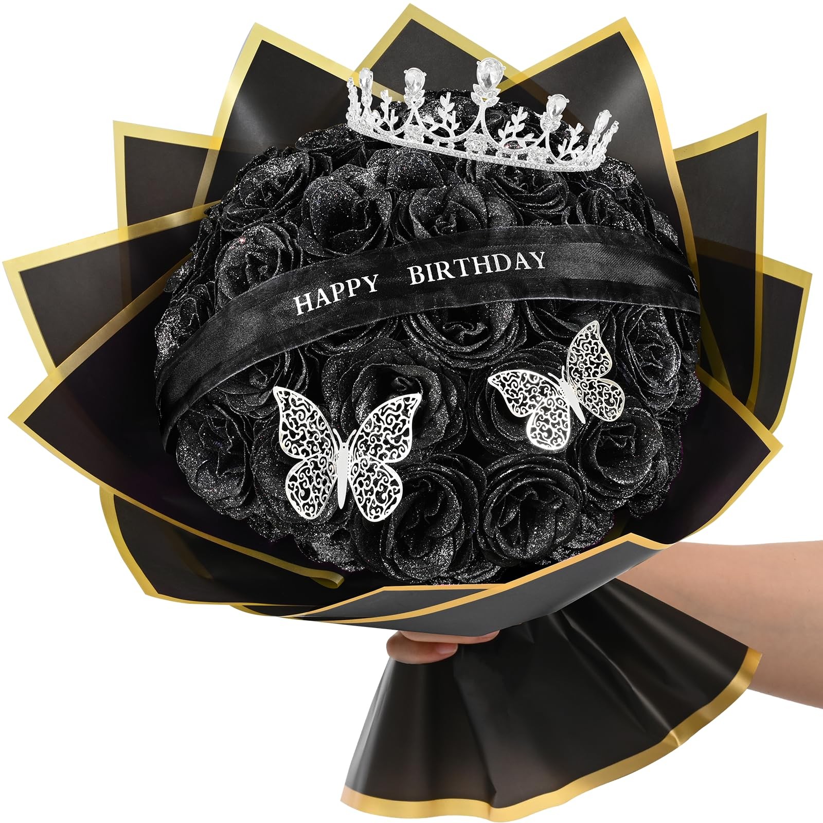 36 PCS Black Glitter Roses Bouquet DIY Fake Flowers Birthday StandUp Signs