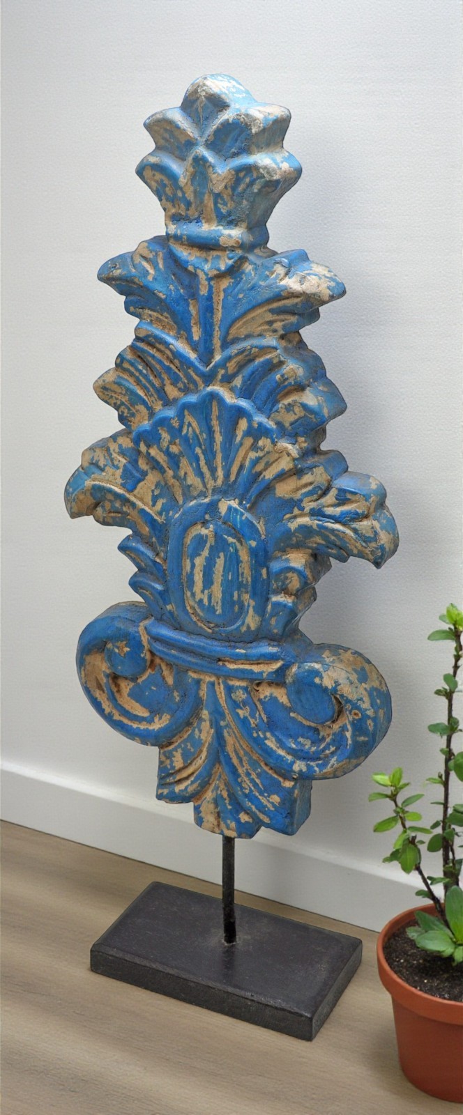Hand Carved Wooden Flower Carving Panel Plaque on Stand Rustic Blue Painted
