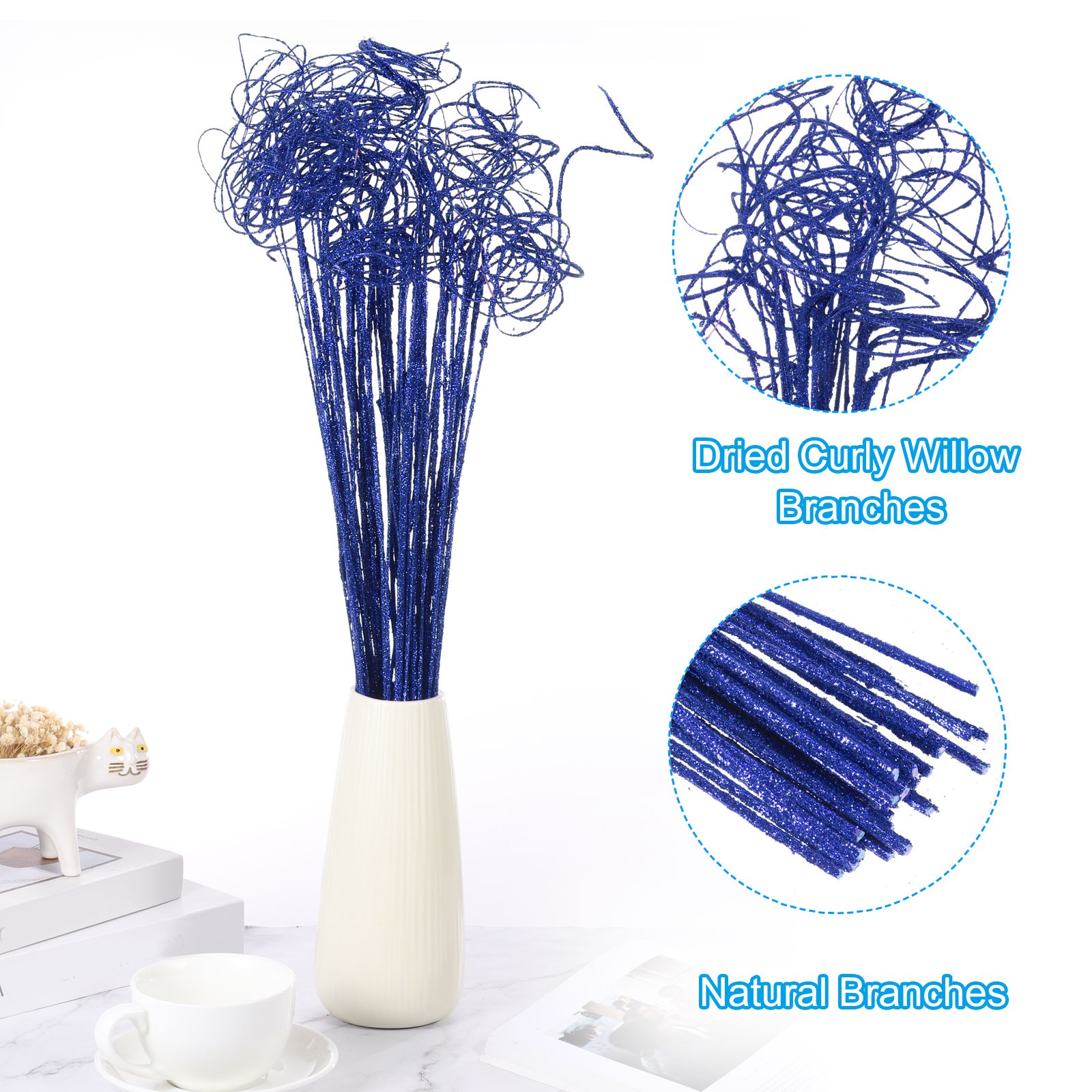30 Pcs Glitter Dried Curly Willow Branches Natural Branches Twigs, Blue