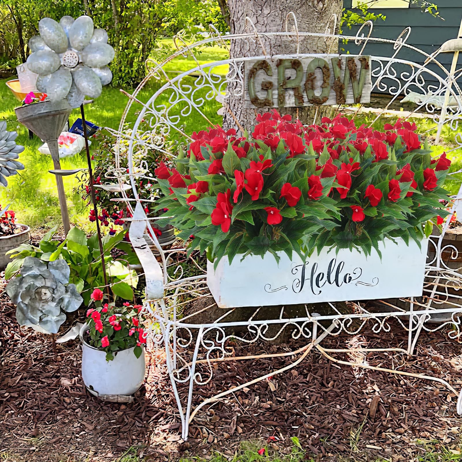 2Pcs Artificial Red Impatien Flowers Outdoor Silk Faux Bush Planter Basket Porch