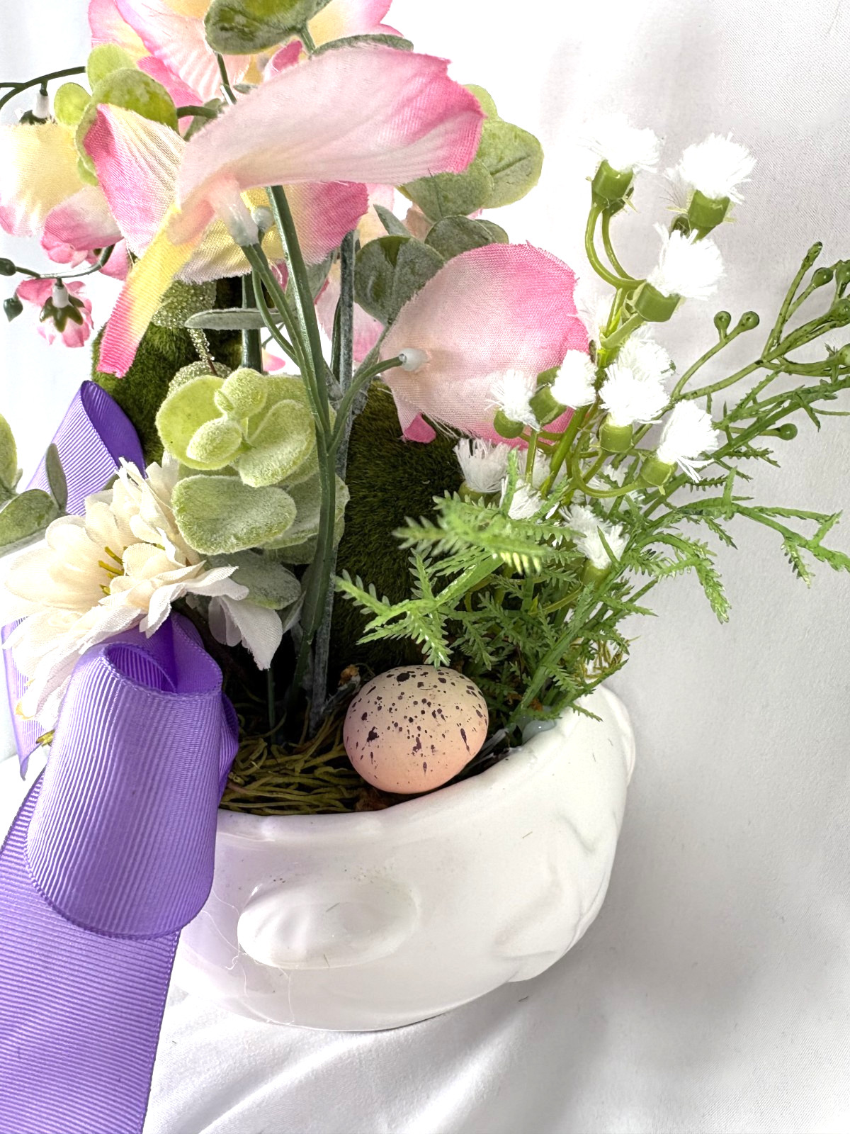 Spring Floral Arrangement Bunny Flowers Ceramic Bowl Easter Home Decor
