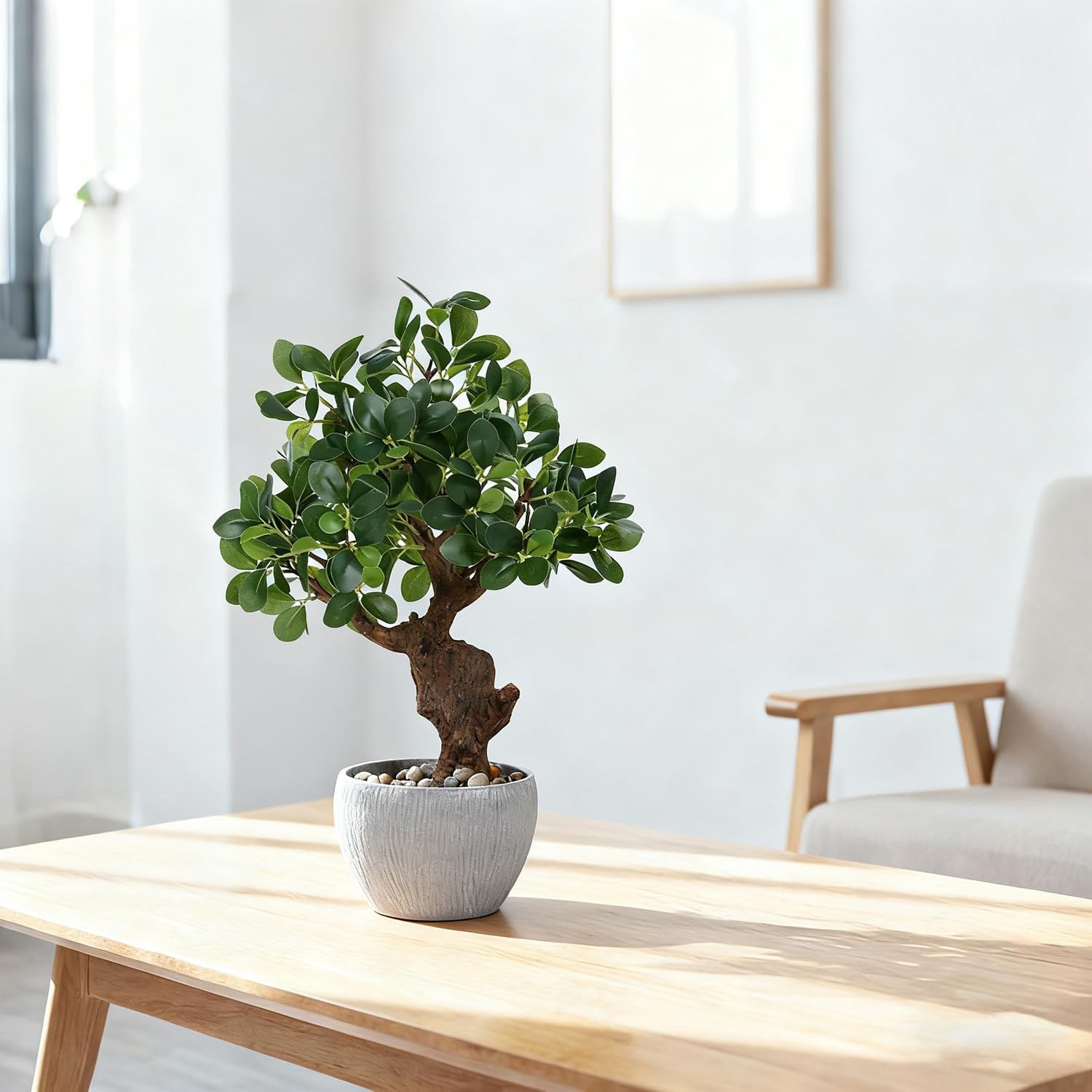 20.5 Inch Artificial Camellia Potted Plant Stone Pot Fake Flowers Faux