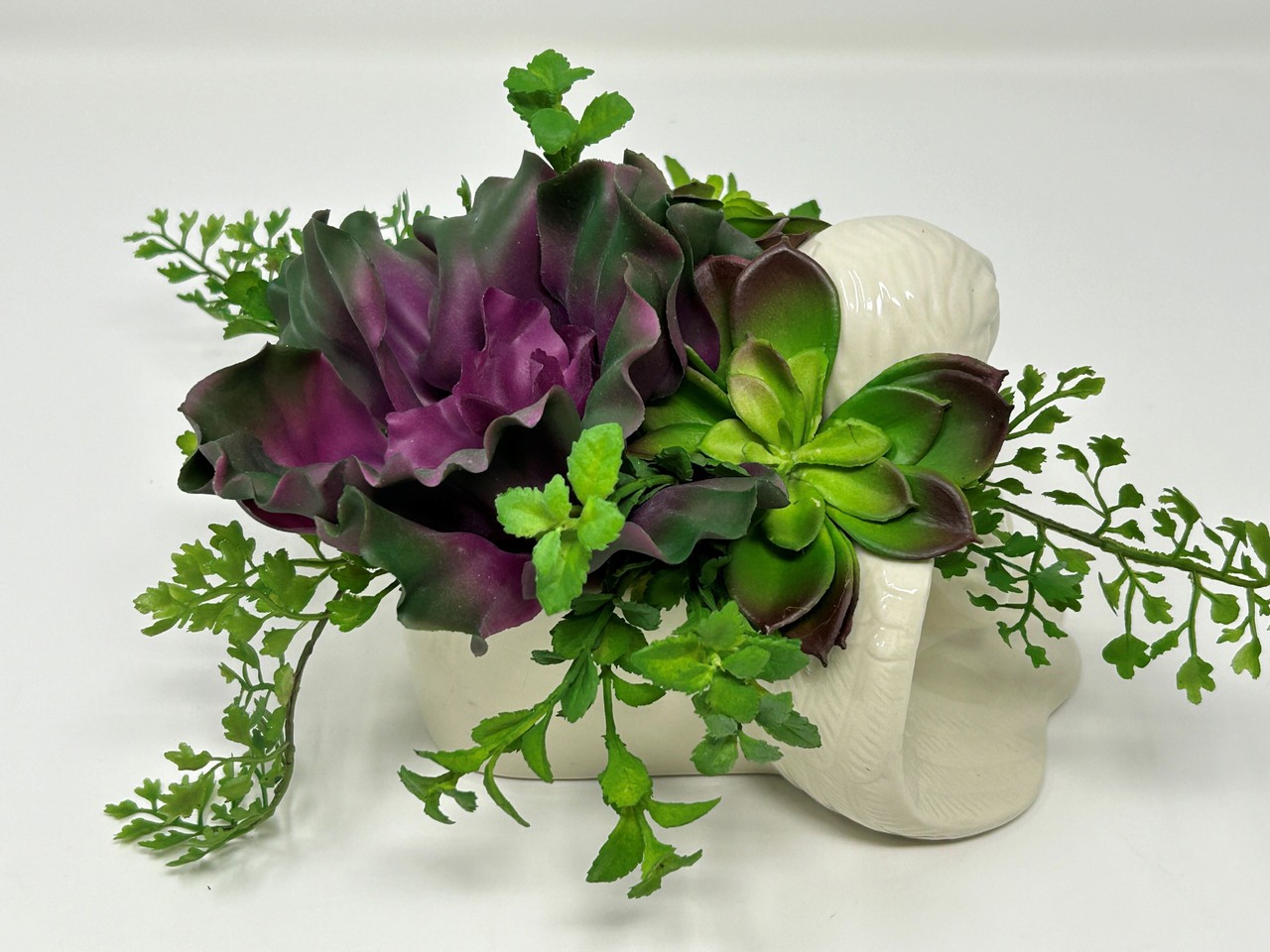 VINTAGE Ceramic CHERUB Angel planter with Artificial Echeveria Succulents & Fern