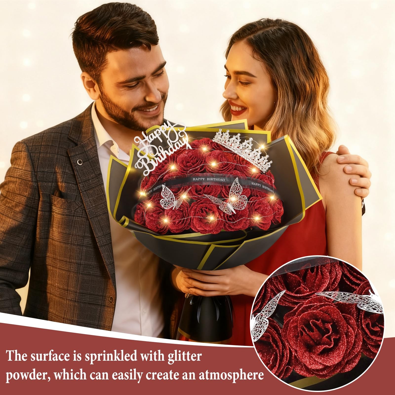 24 PCS Red Glitter Roses Bouquet Fake Flowers With Birthday StandUp Signs DIY