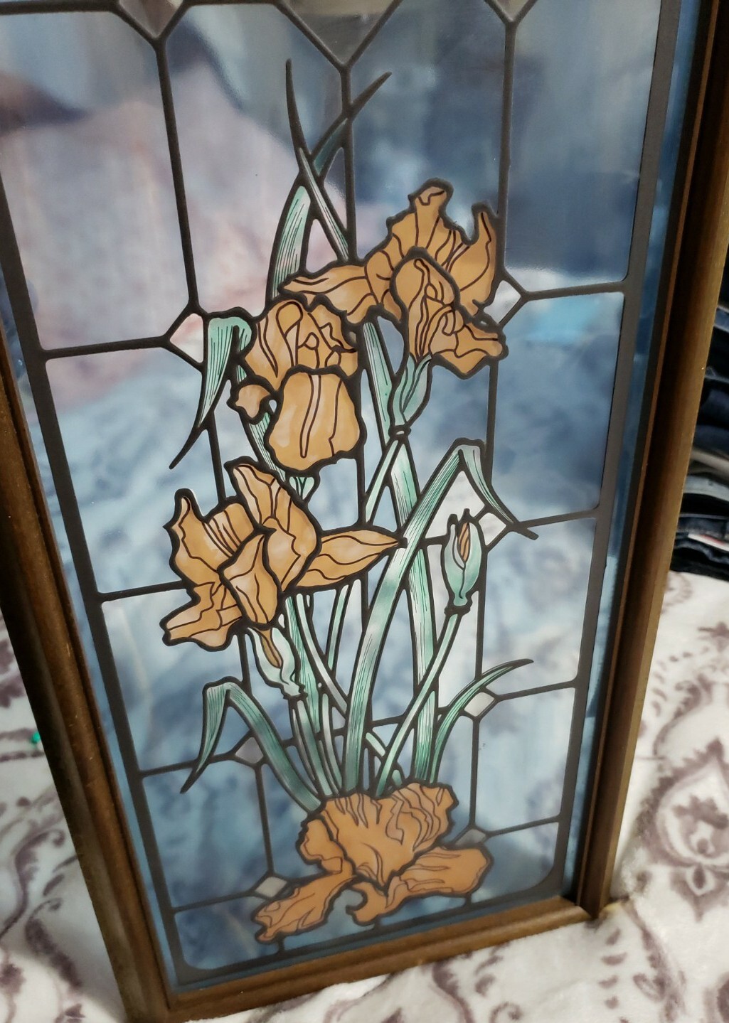 Peach Iris Blue Background Stained Glass Look 23″H x 11.5″W Framed