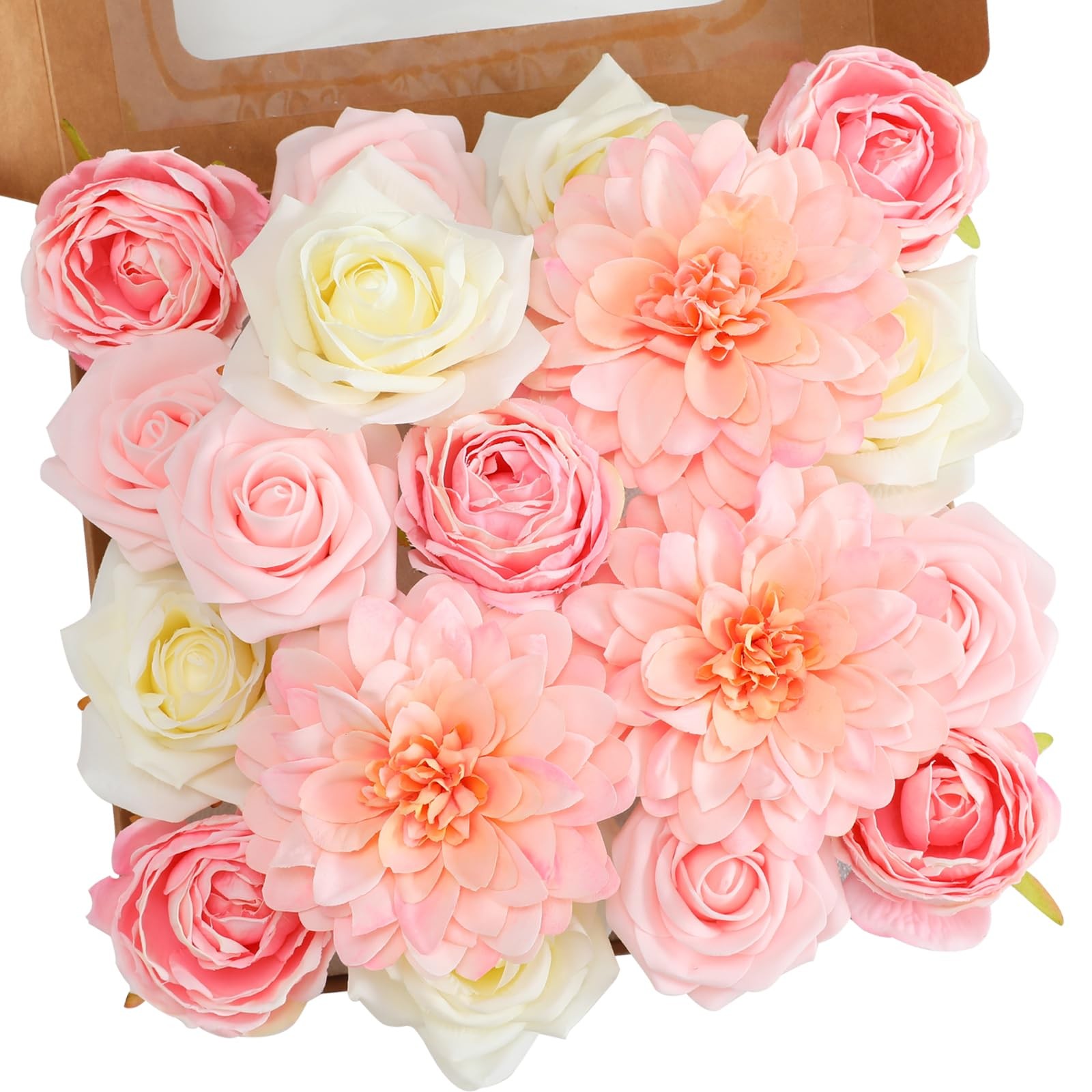 Artificial Flowers Combo, Peach Pink Silk Roses, Peonies, Dahlias with Stems …