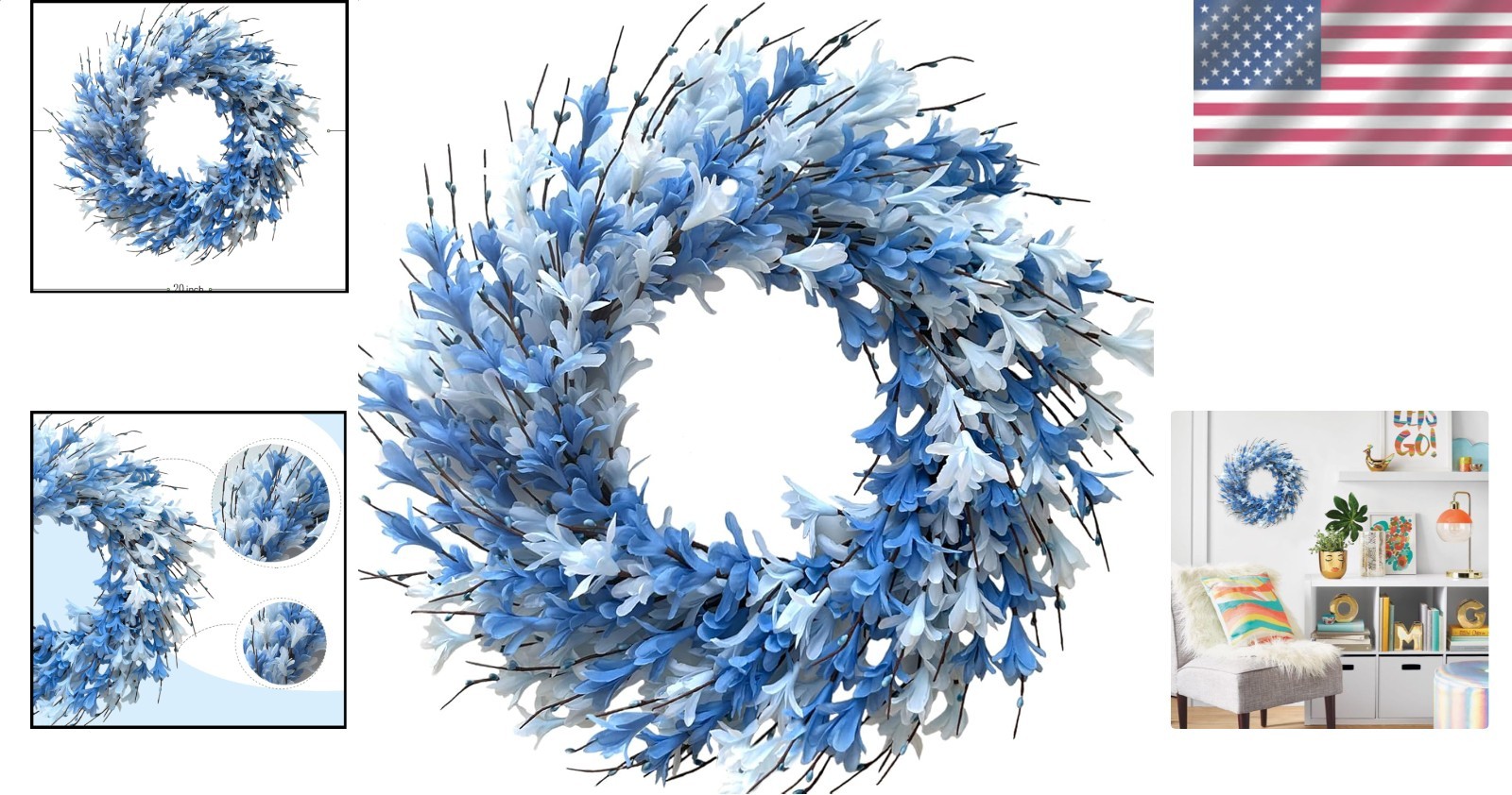 22 Inch Blue Artificial Forsythia Wreath Spring Summer Fall Silk Door